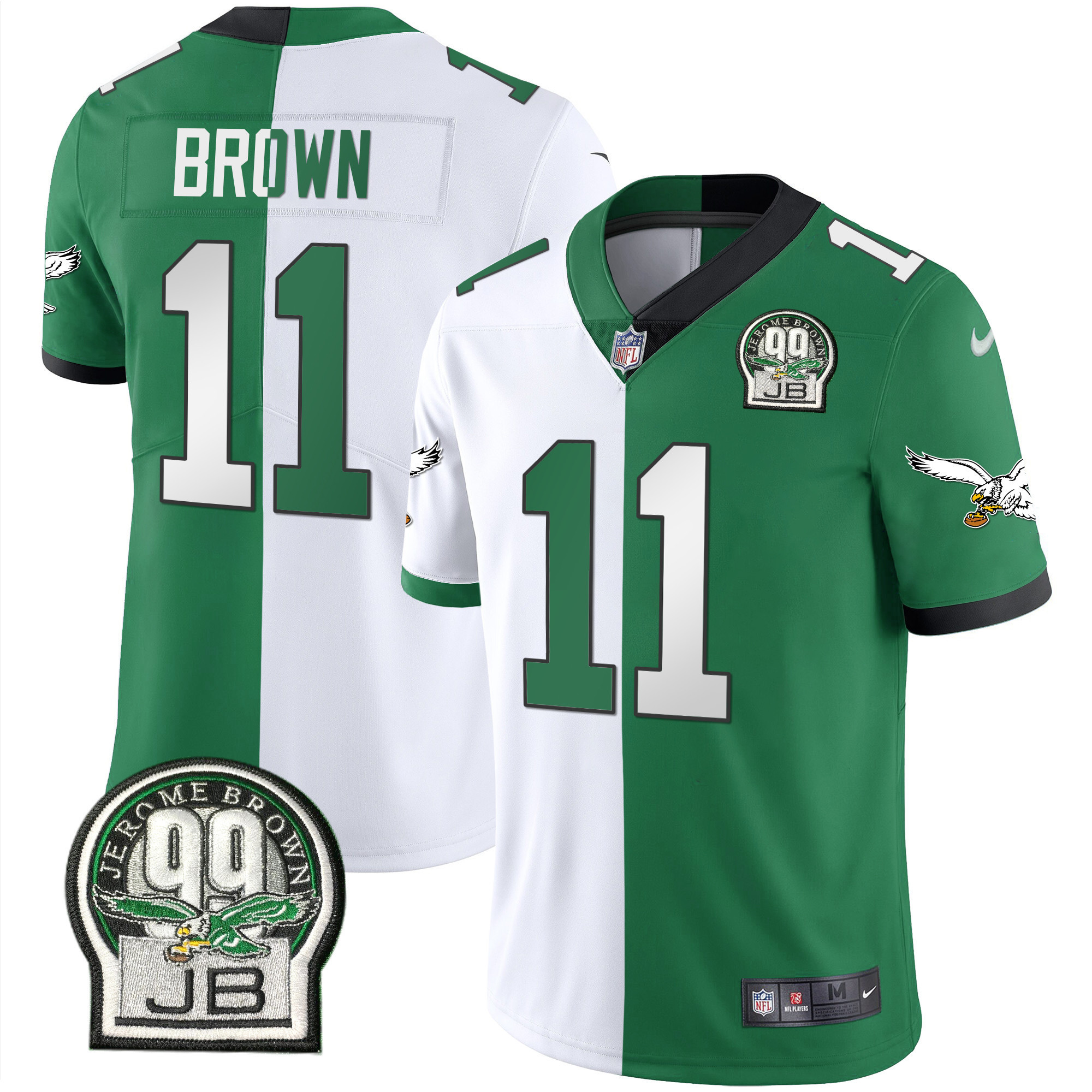 A.J. Brown Men's Philadelphia Eagles Jerome Brown Retired Patch Gold & Kelly Split Jersey - All Stitched
