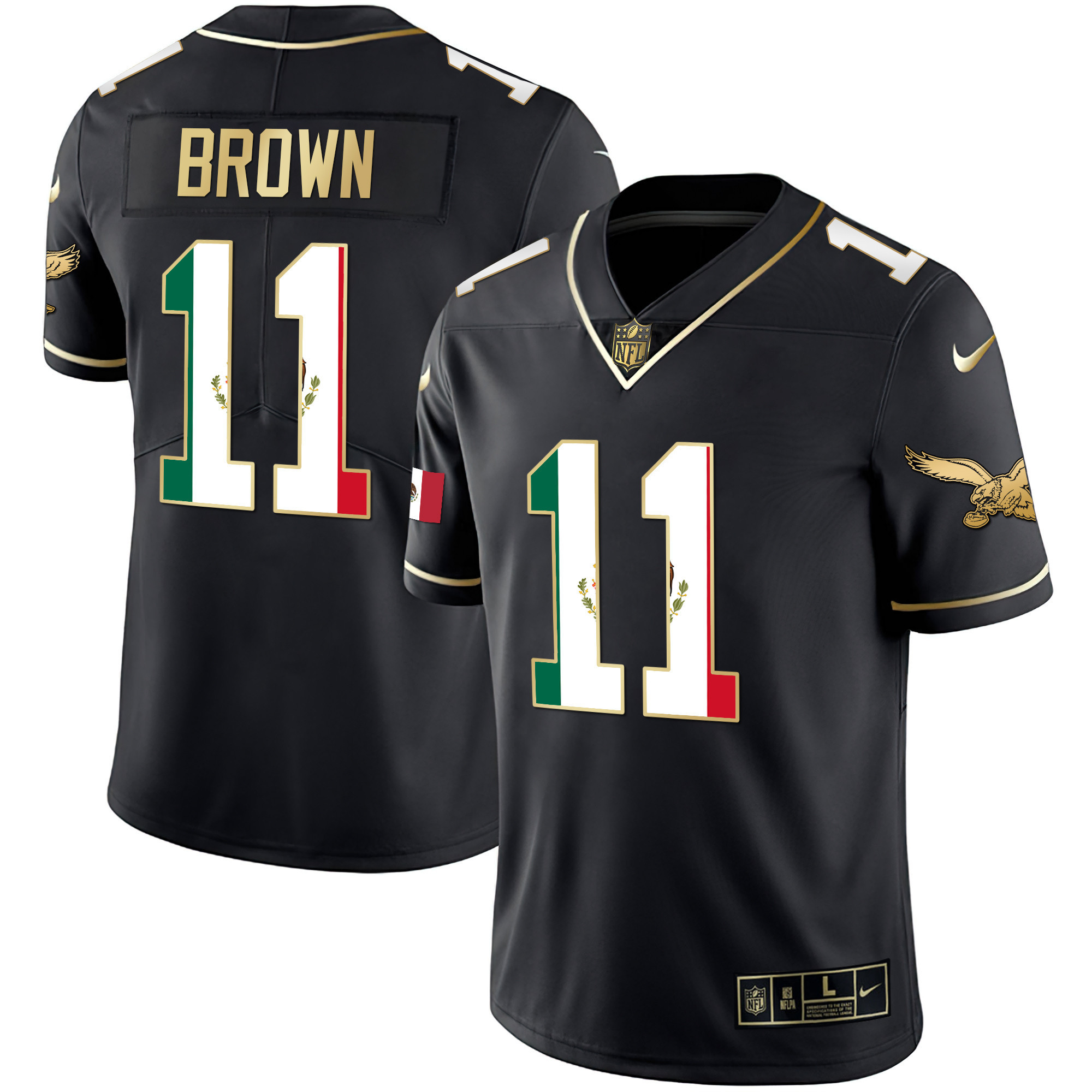 A.J. Brown Men's Philadelphia Eagles Mexico Gold & Kelly Vapor Black Gold Jersey - All Stitched