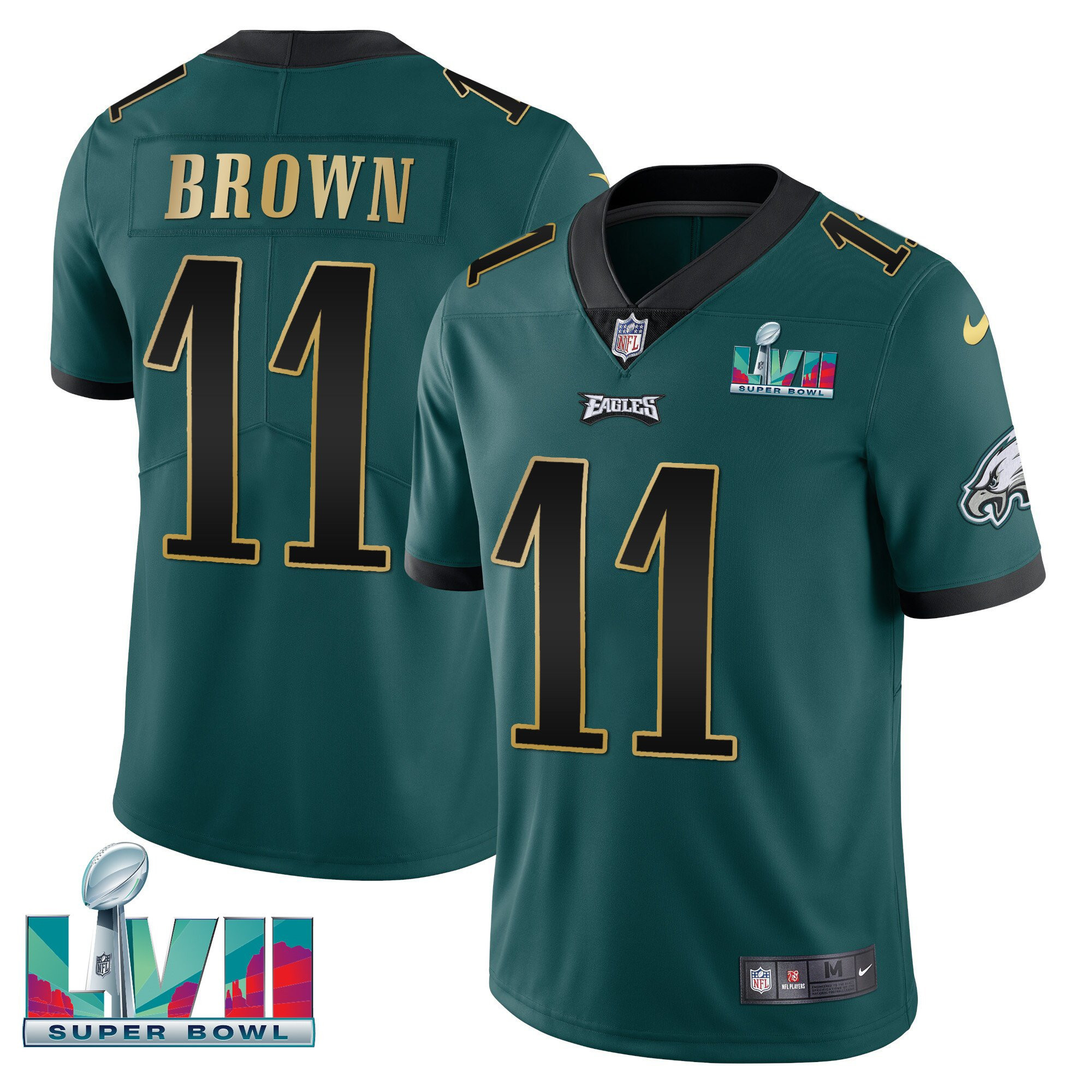 A.J. Brown Men's Philadelphia Eagles Super Bowl Patch Vapor Green Gold Trim Jersey - All Stitched