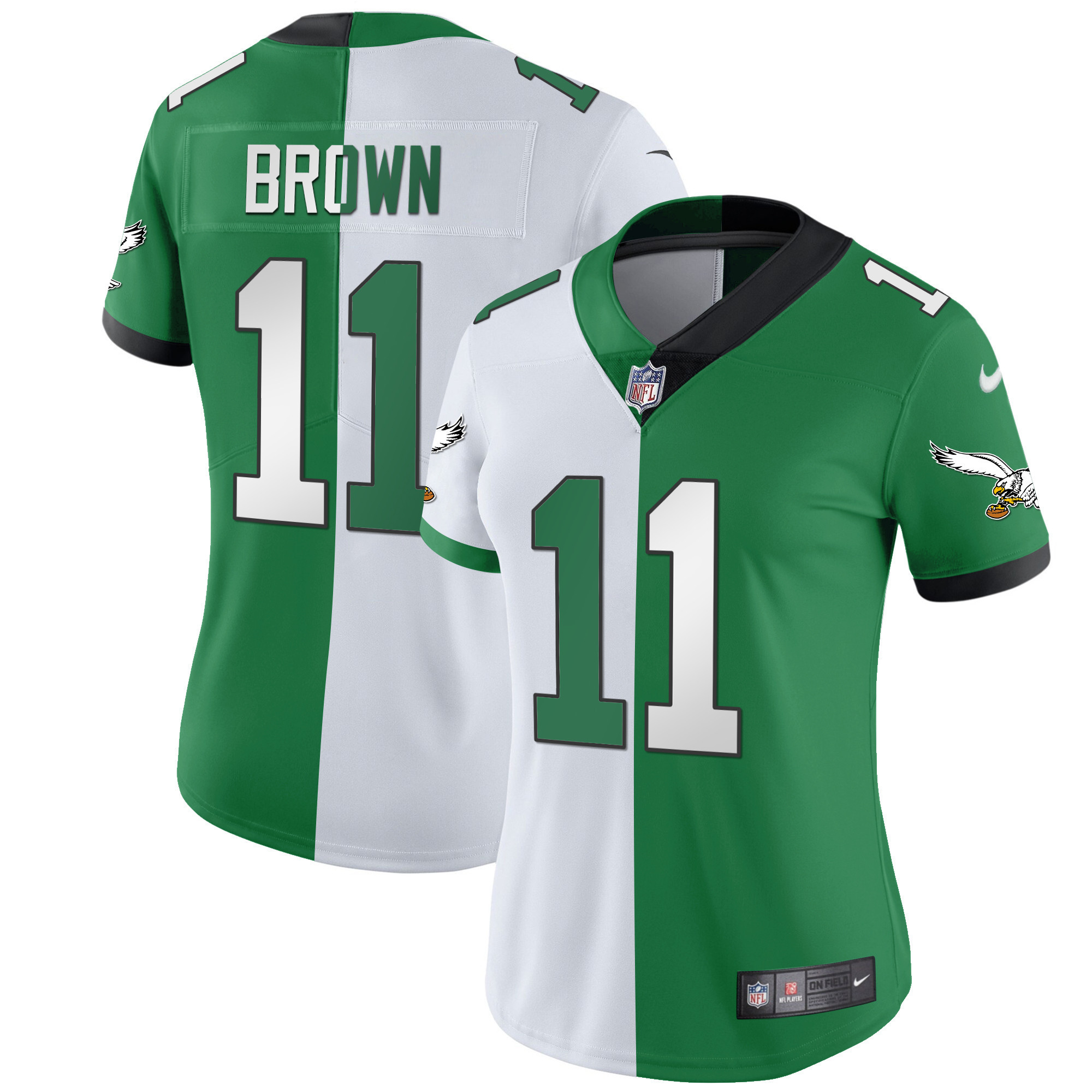 A.J. Brown Women's Philadelphia Eagles Gold & Kelly Vapor V2 Split Jersey - All Stitched