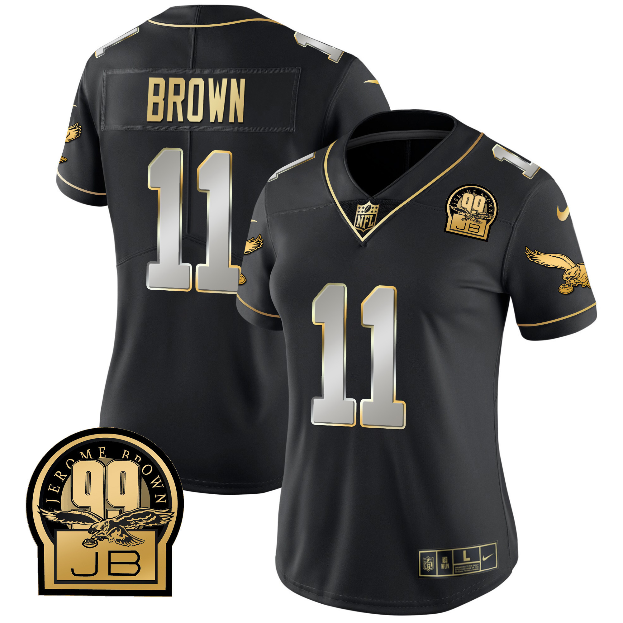 A.J. Brown Women's Philadelphia Eagles Jerome Brown Retired Patch Gold & Kelly Black Limited Jersey - All Stitched