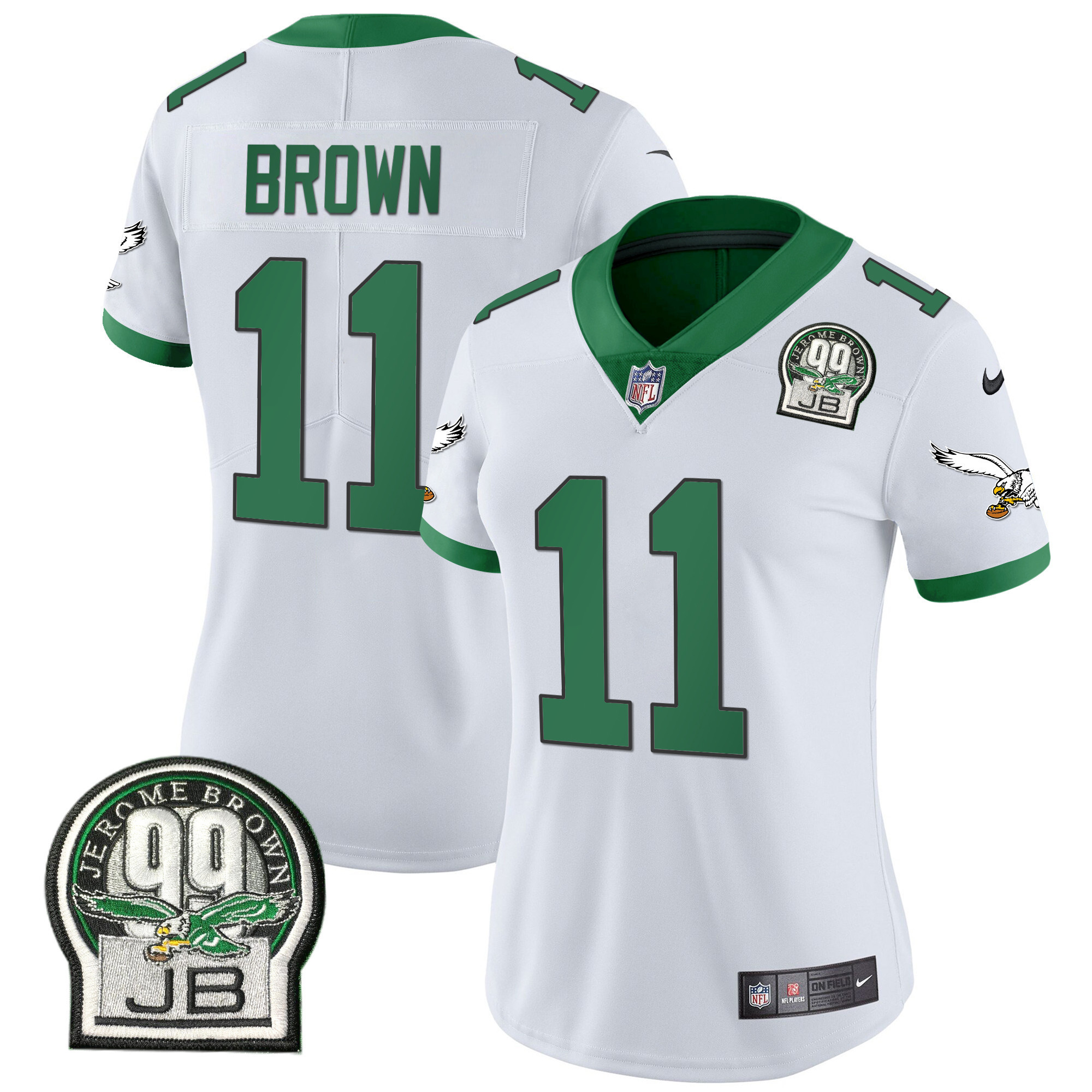 A.J. Brown Women's Philadelphia Eagles Jerome Brown Retired Patch Gold & Kelly Kelly White Jersey - All Stitched
