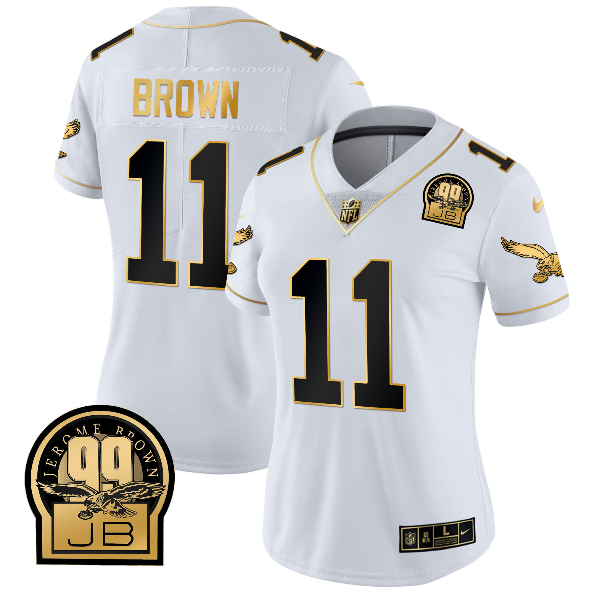 A.J. Brown Women's Philadelphia Eagles Jerome Brown Retired Patch Gold & Kelly White Gold Jersey - All Stitched