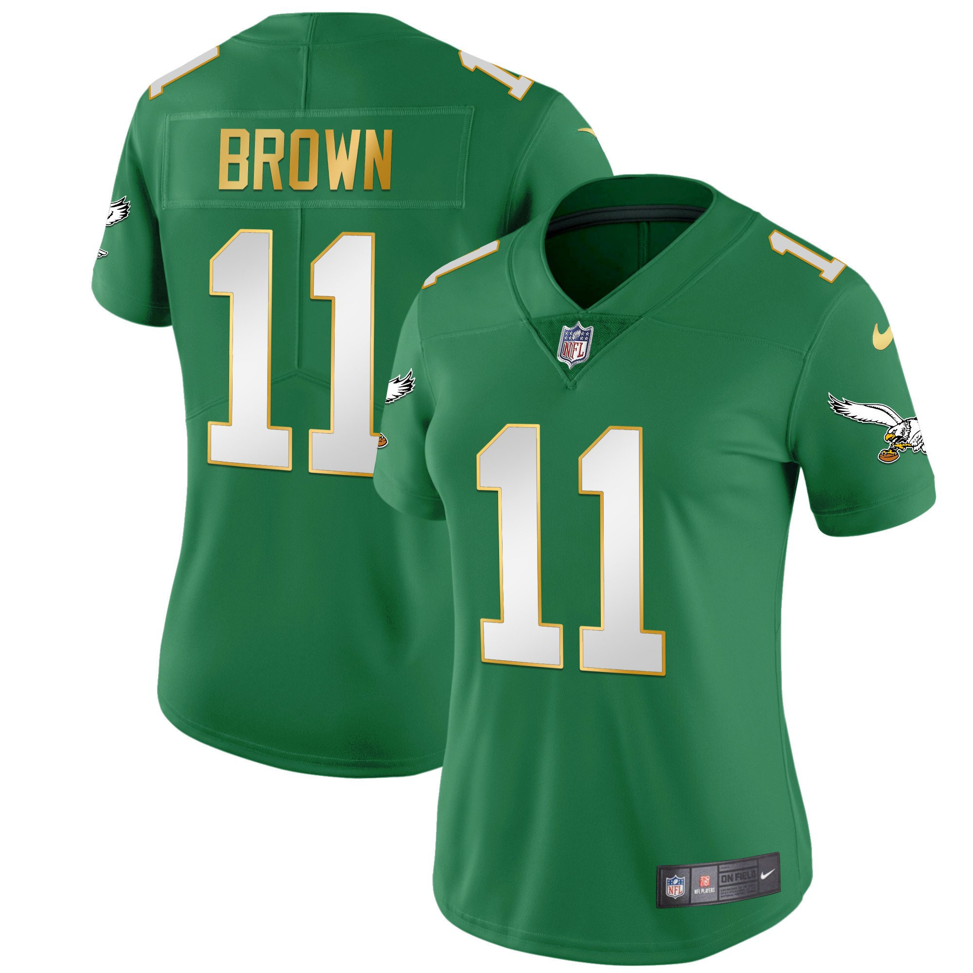 A.J. Brown Women's Philadelphia Eagles Kelly Green Gold Gold Trim Jersey - All Stitched
