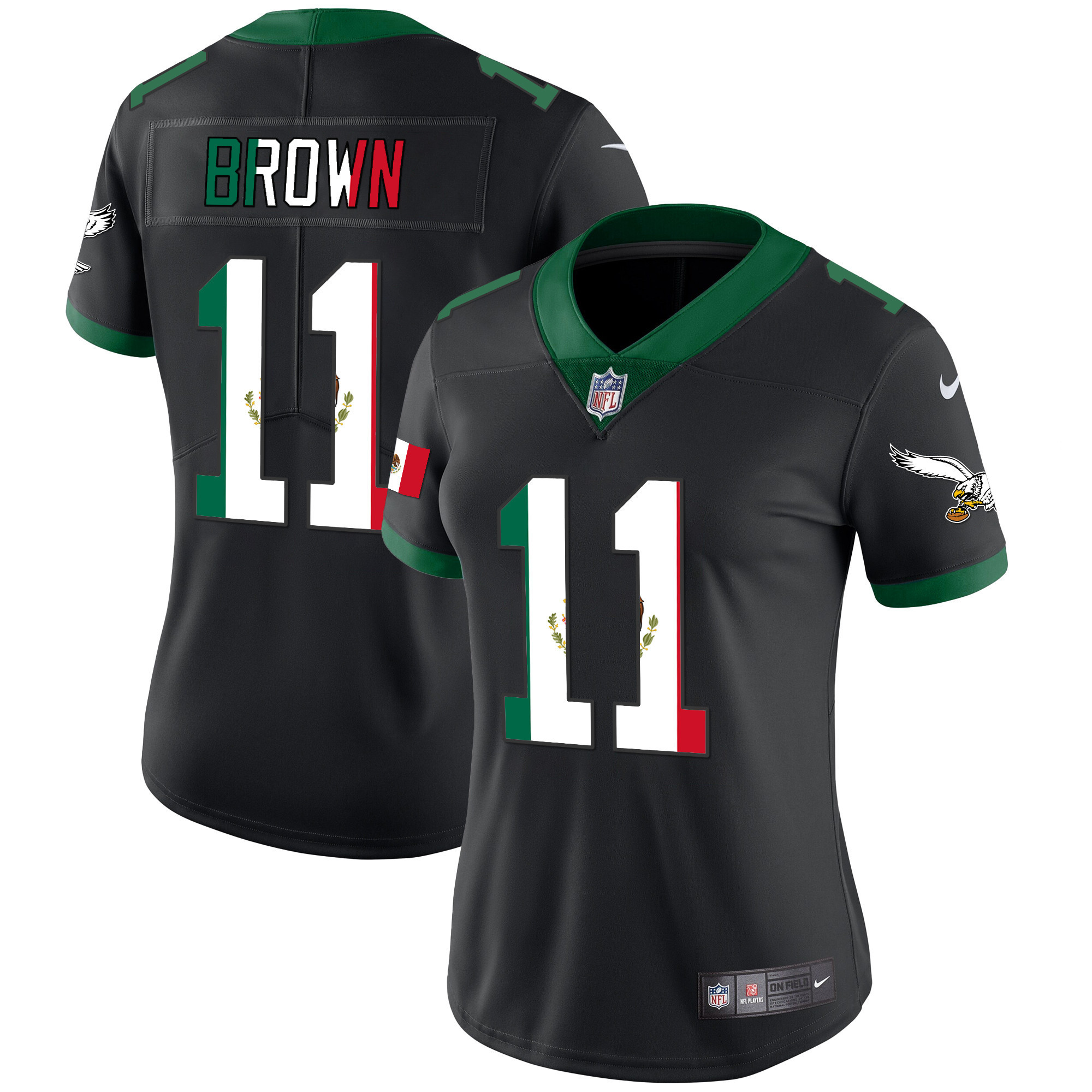 A.J. Brown Women's Philadelphia Eagles Mexico Gold & Kelly Vapor Kelly Black Jersey - All Stitched