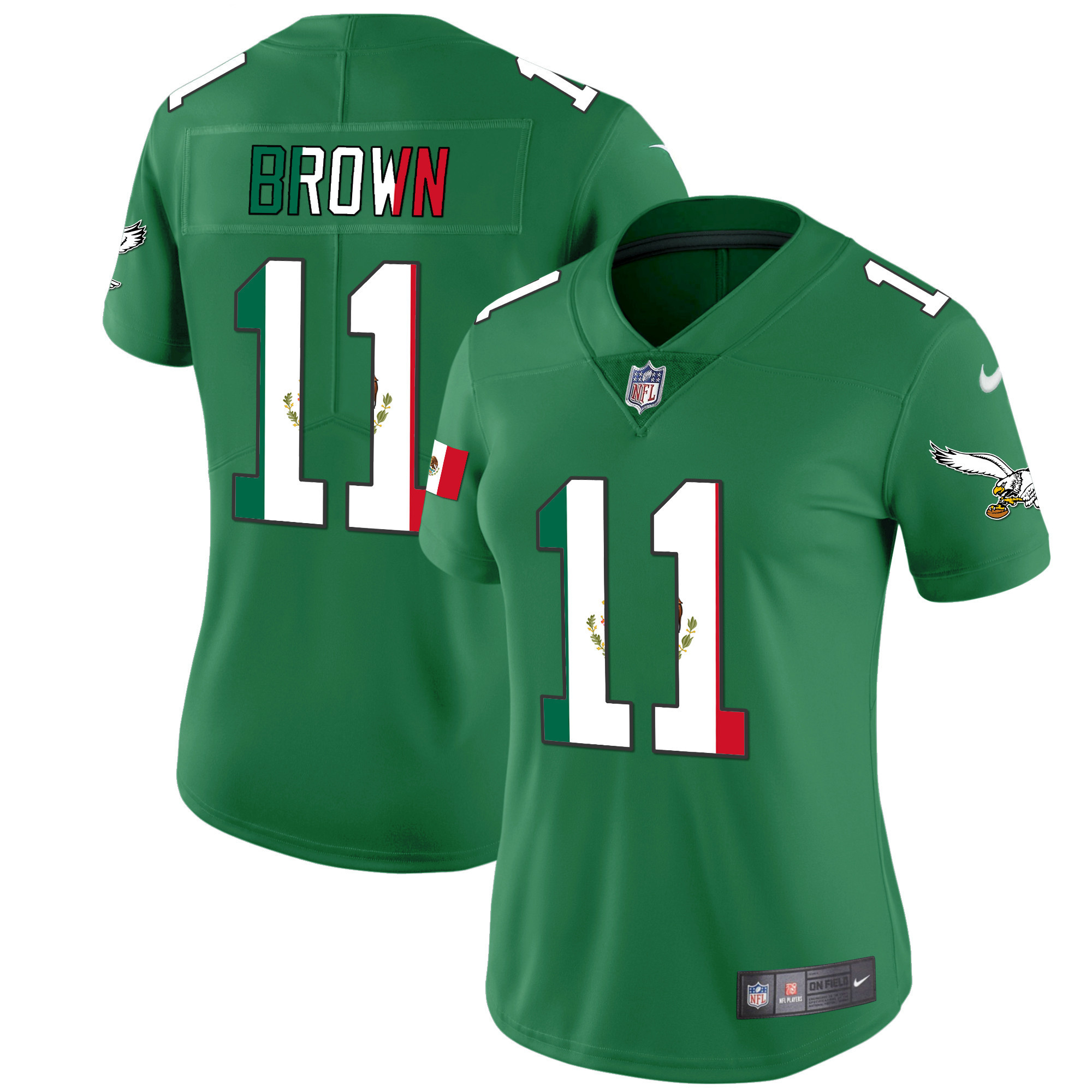 A.J. Brown Women's Philadelphia Eagles Mexico Gold & Kelly Vapor Kelly Green Jersey - All Stitched