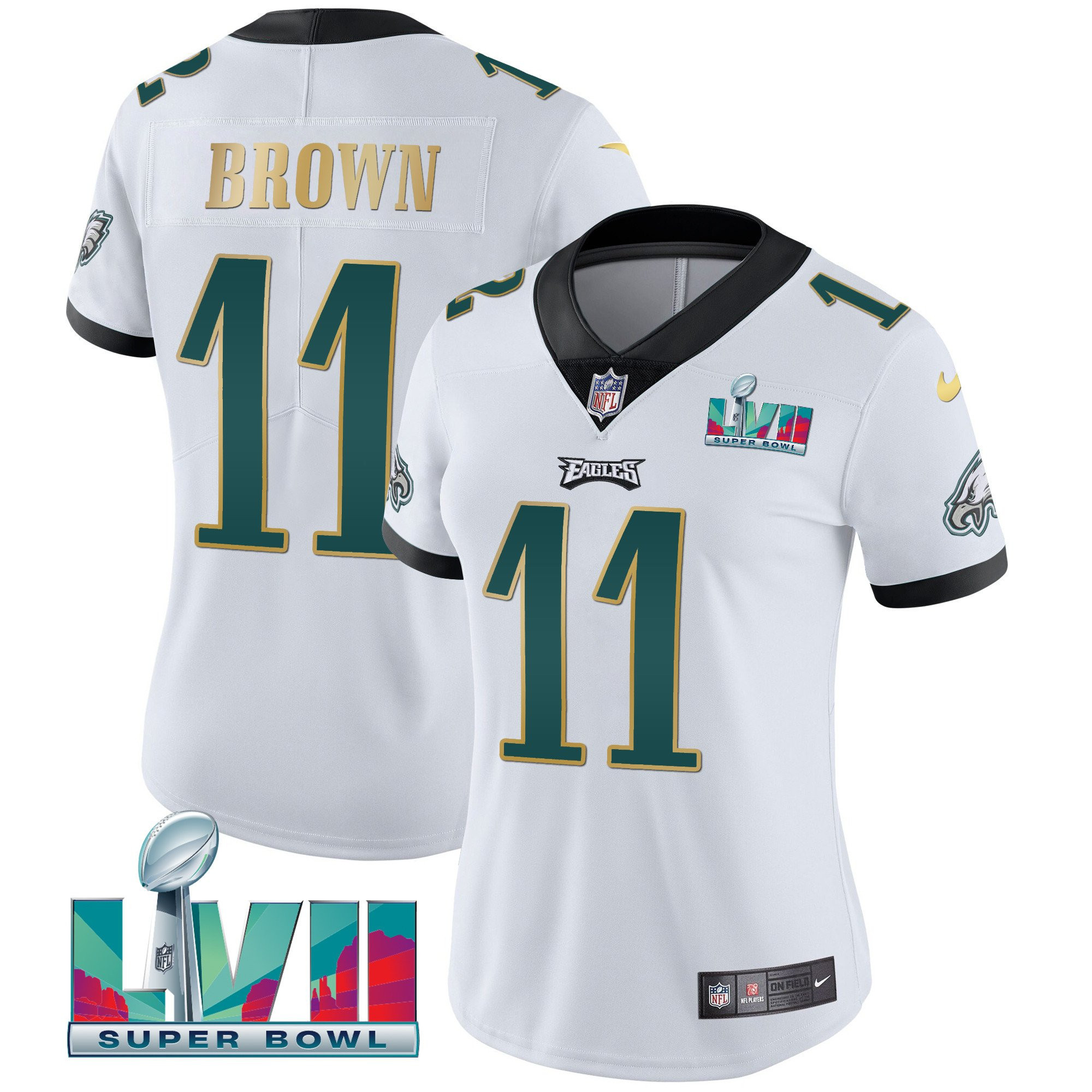 A.J. Brown Women's Philadelphia Eagles Super Bowl LVII Gold Trim White Gold Trim Jersey - All Stitched