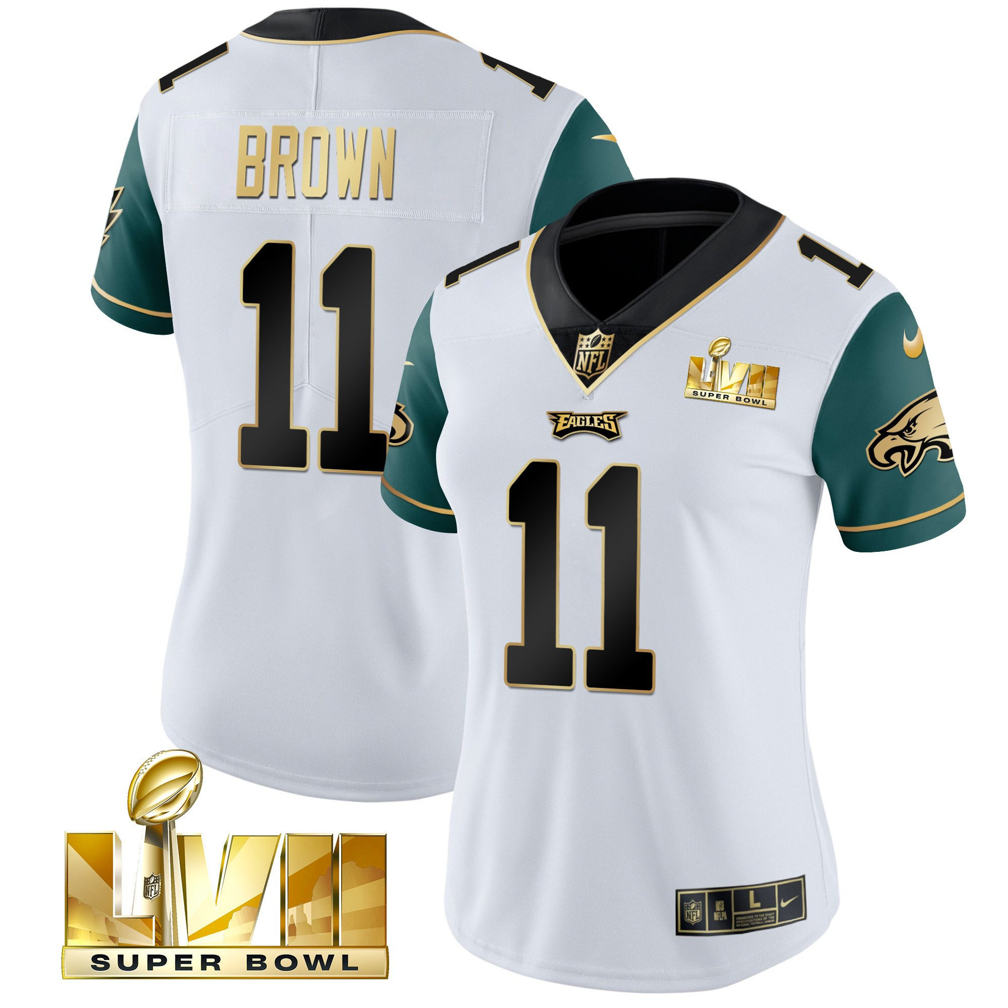 A.J. Brown Women's Philadelphia Eagles Super Bowl LVII Gold Vapor Midnight Green Sleeves Jersey - All Stitched