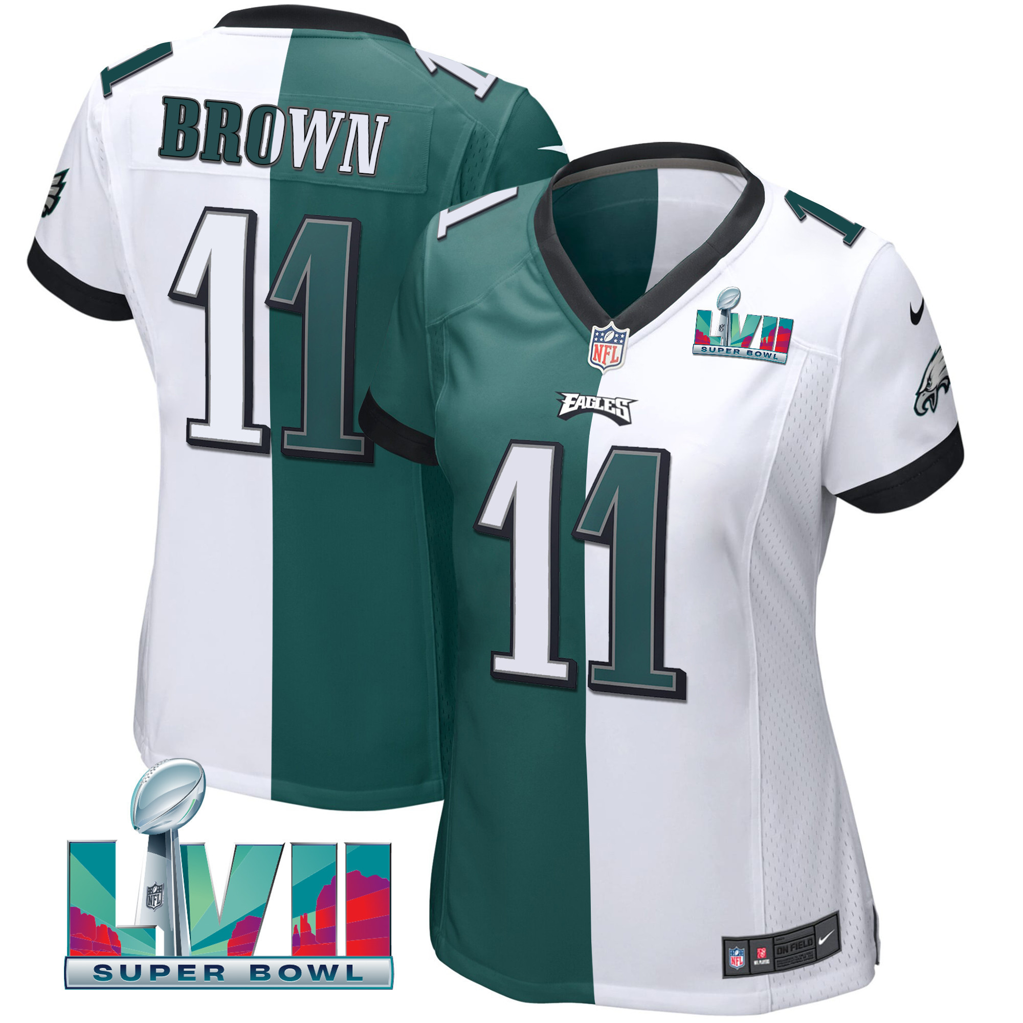 A.J. Brown Women's Philadelphia Eagles Super Bowl LVII Split Split White Green Jersey - All Stitched
