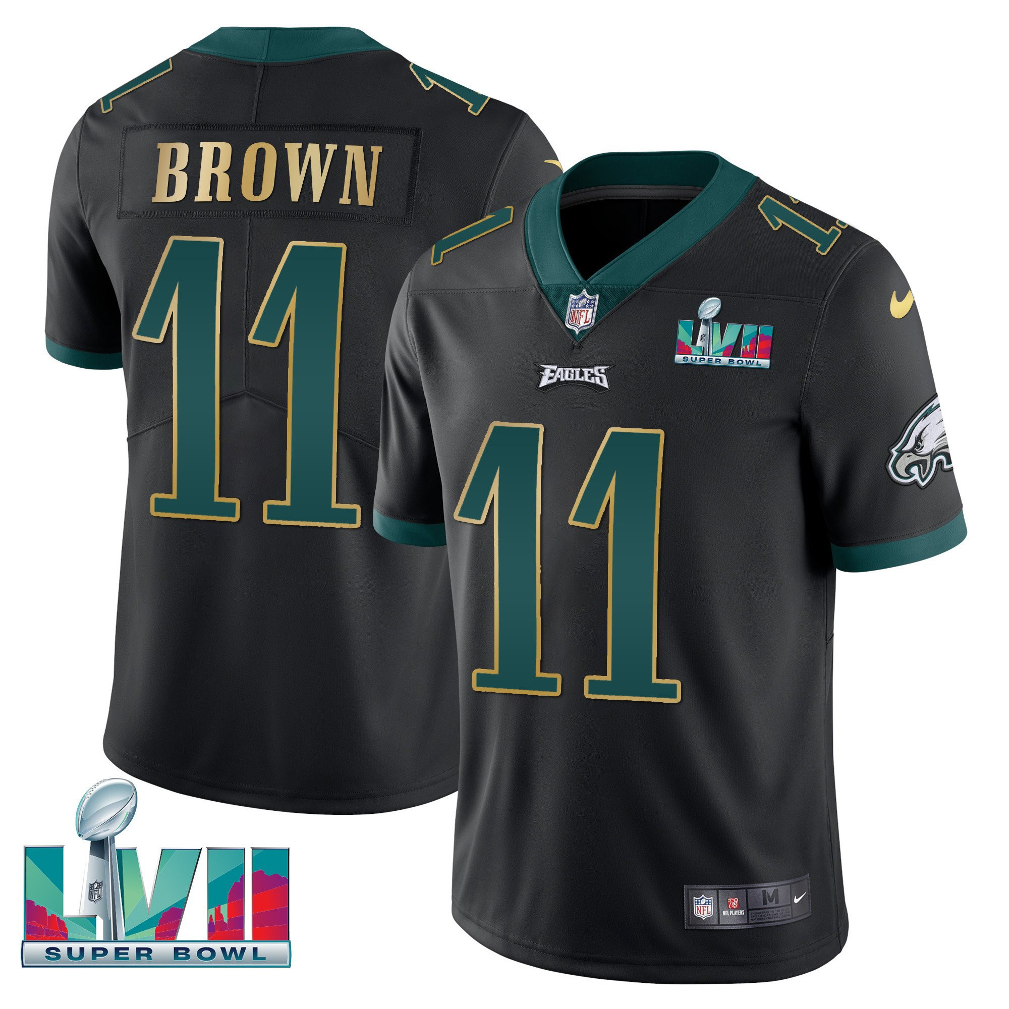 A.J. Brown Youth's Philadelphia Eagles Super Bowl Patch Vapor Black Gold Trim Jersey - All Stitched