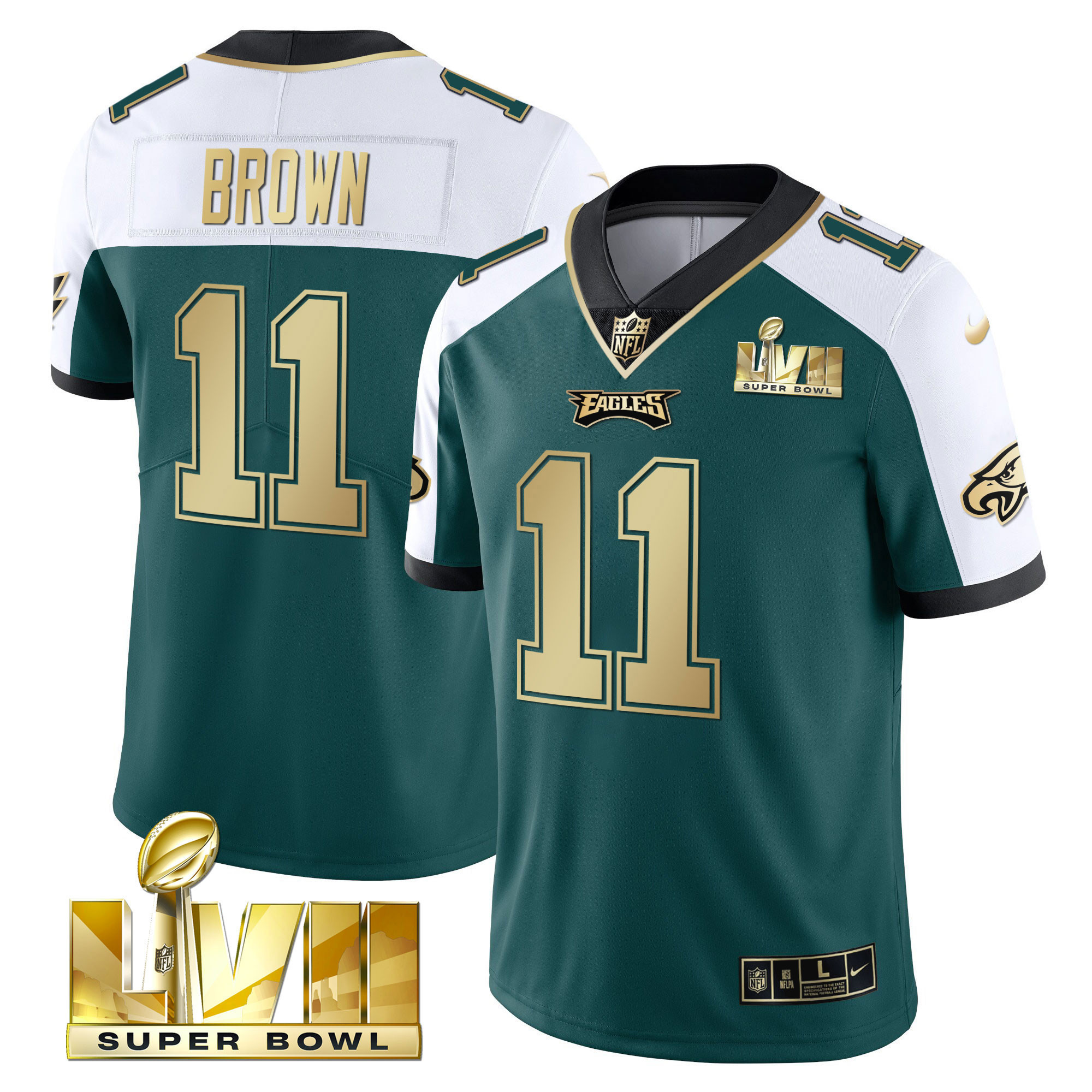 A.J. Brown Youth's Philadelphia Eagles Super Bowl Vapor Gold Alternate Green Jersey - All Stitched