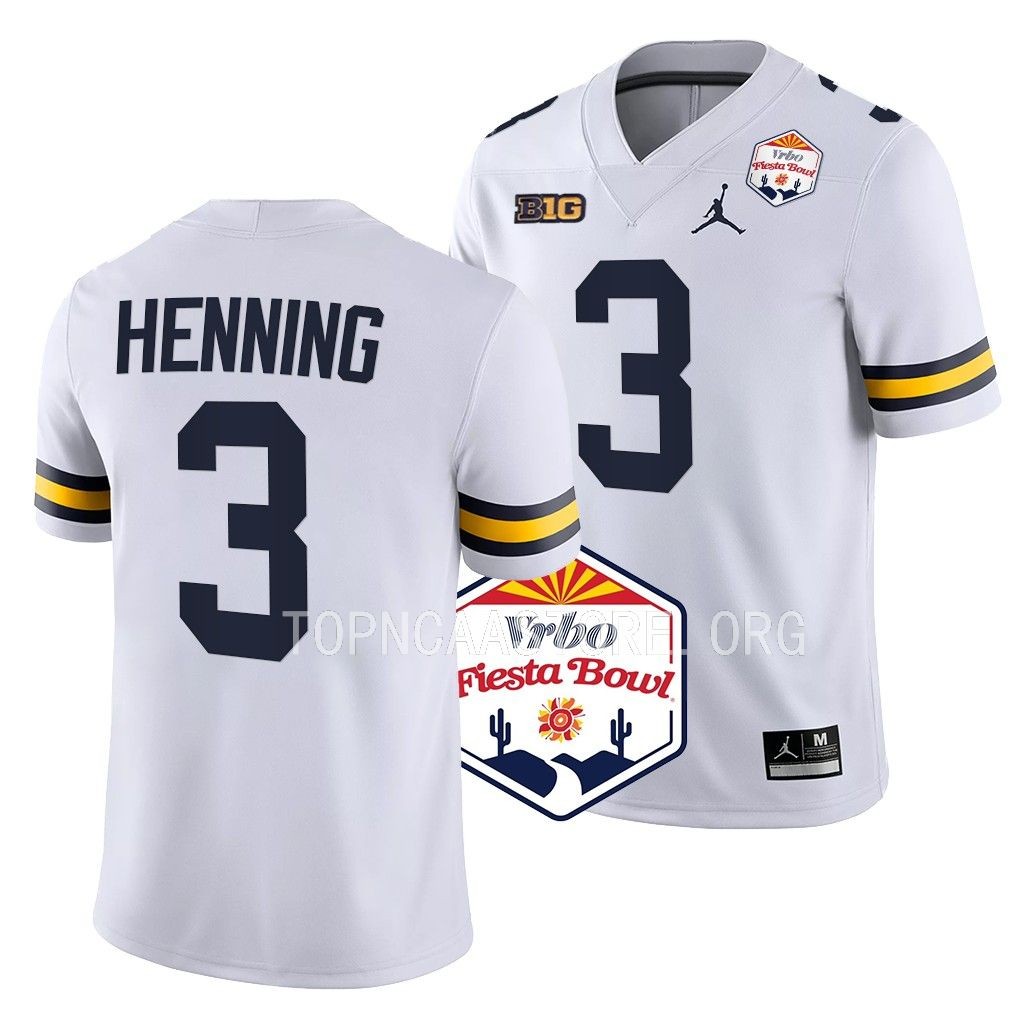 A.J. Henning Michigan Wolverines 2022 Fiesta Bowl College  Playoff Jersey Men’s White #3 Uniform