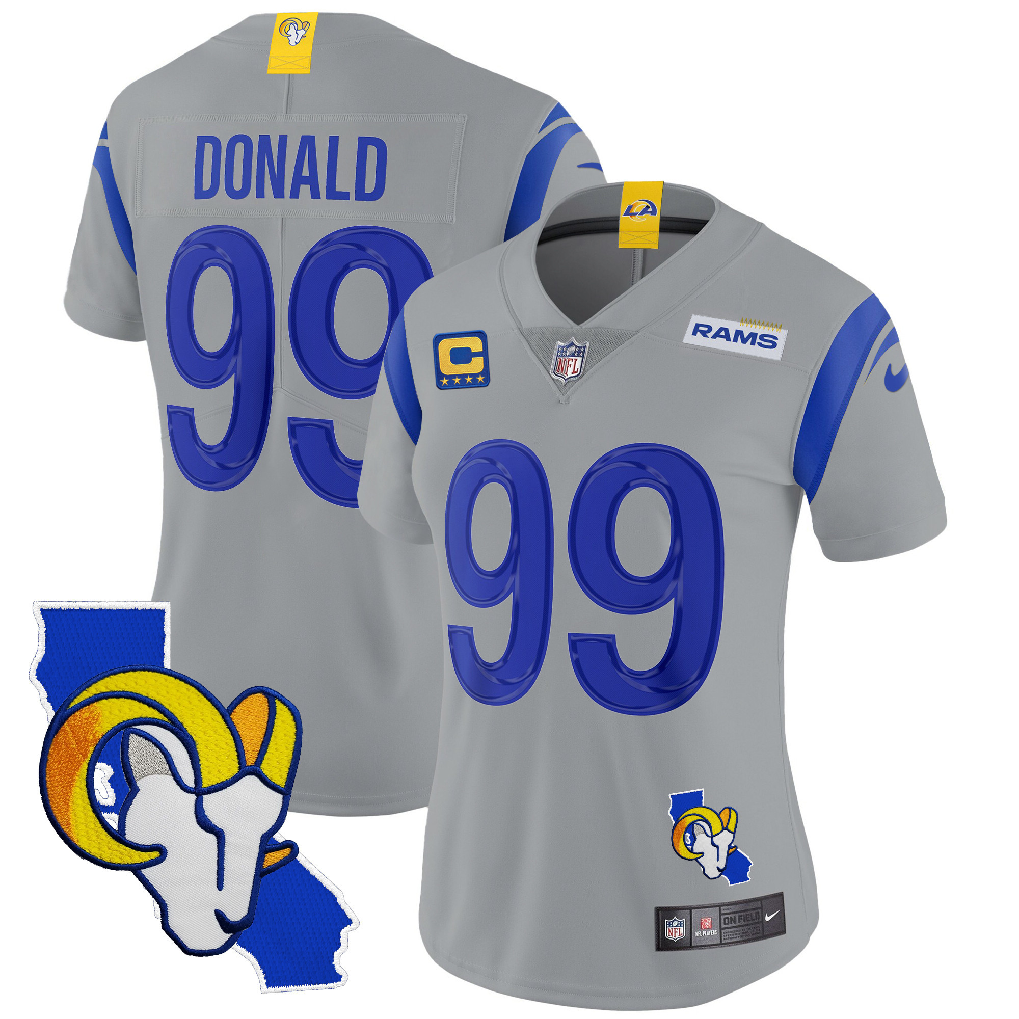 Aaron Donald Women's Los Angeles Rams California Patch Vapor Limited Gray Jersey - All Stitched 