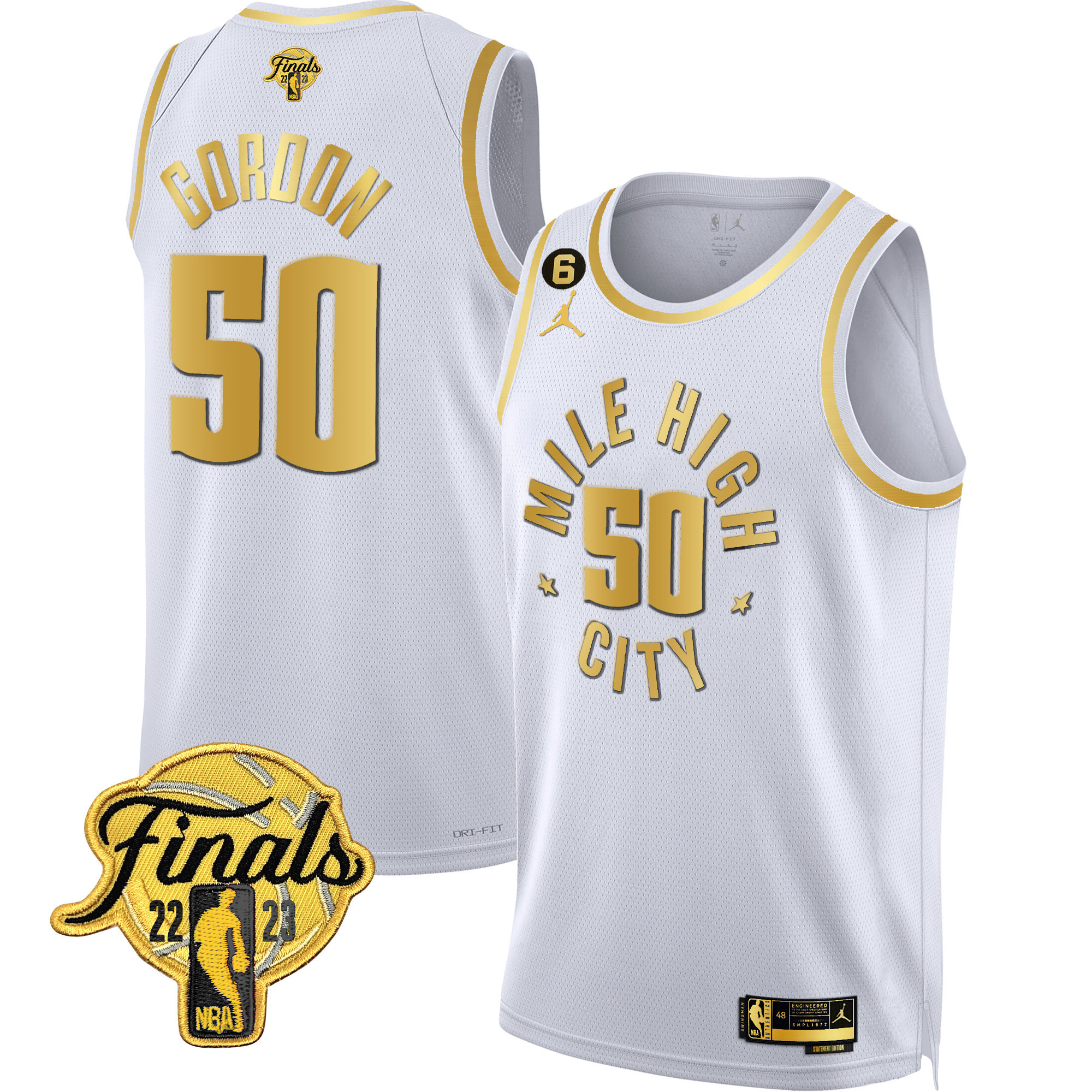 Aaron Gordon Men's Denver Nuggets 2023 Finals Patch Black & White Gold Statement White Jersey - All Stitched