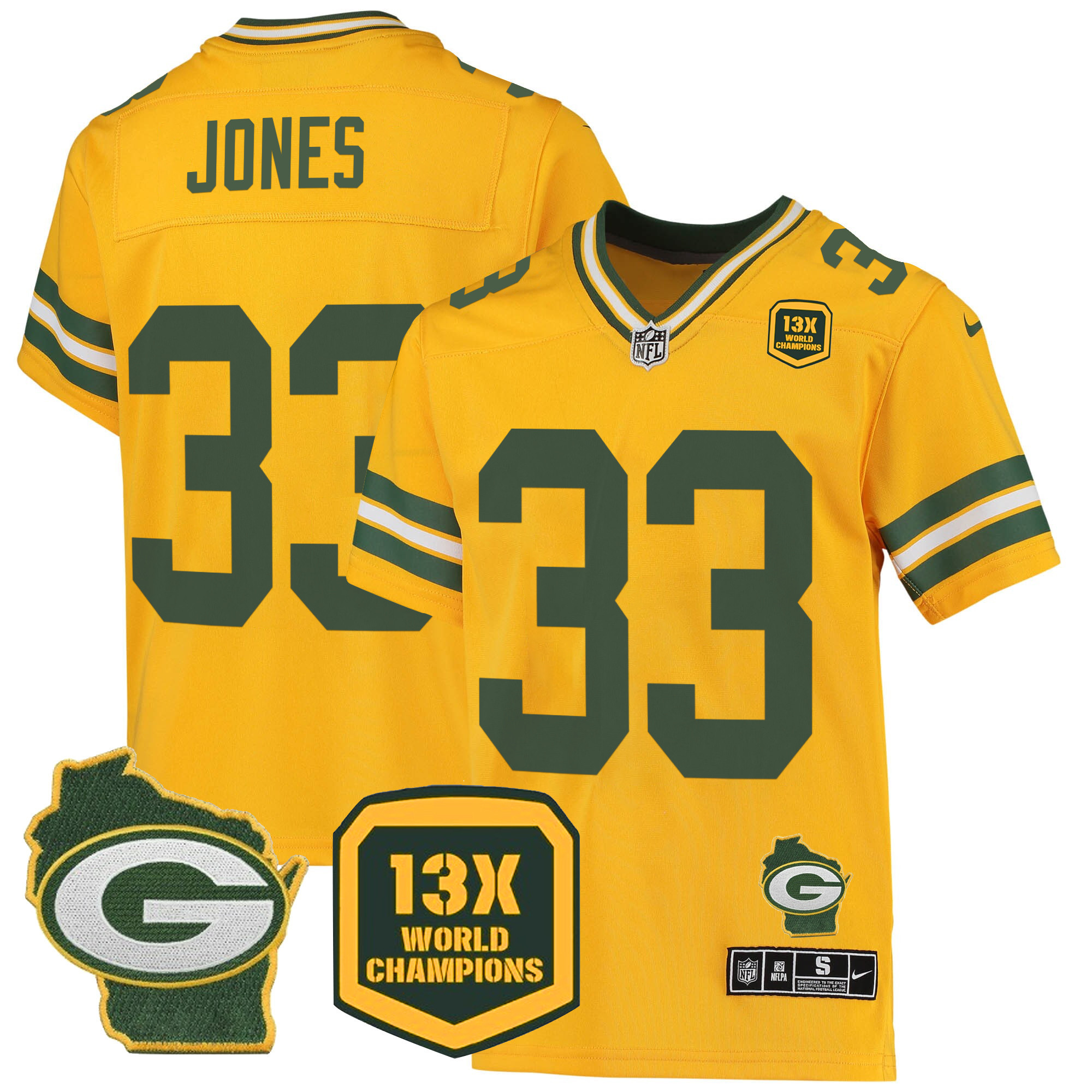Aaron Jones Men's Green Bay Packers 13 Time World Champions & Home Patch Game Gold Jersey - All Stitched 