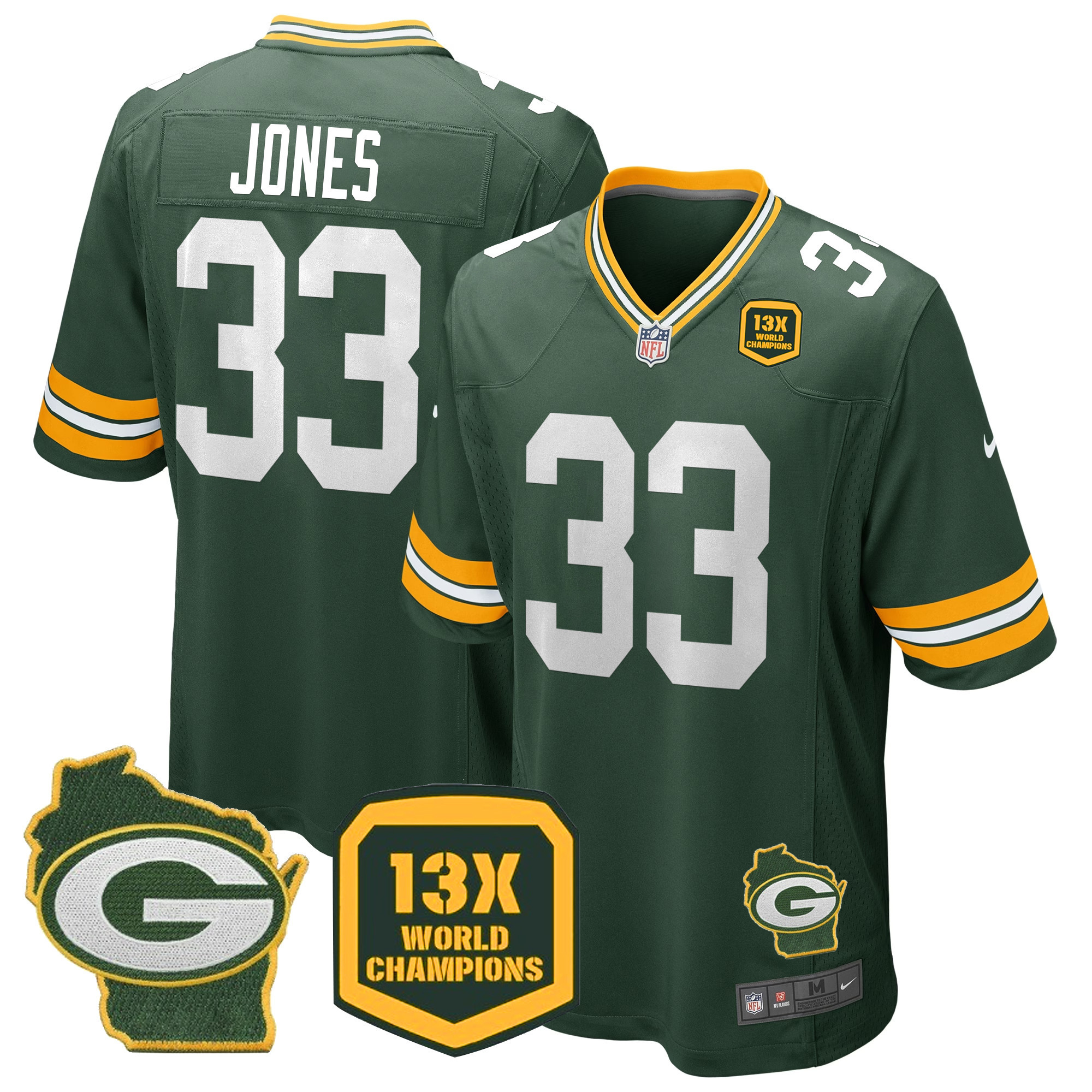 Aaron Jones Men's Green Bay Packers 13 Time World Champions & Home Patch Game Green Jersey - All Stitched 