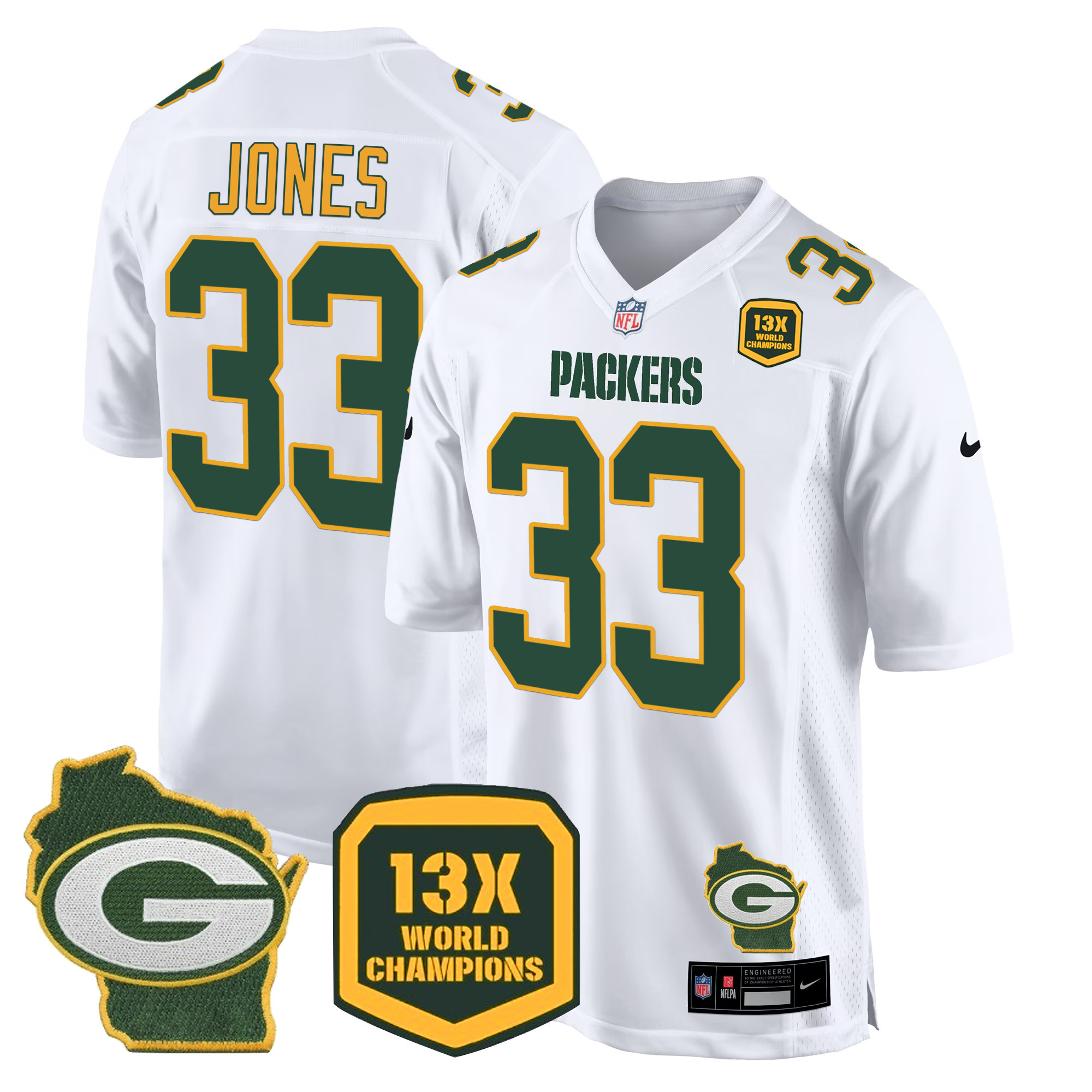 Aaron Jones Men's Green Bay Packers 13 Time World Champions & Home Patch Game White Jersey - All Stitched 