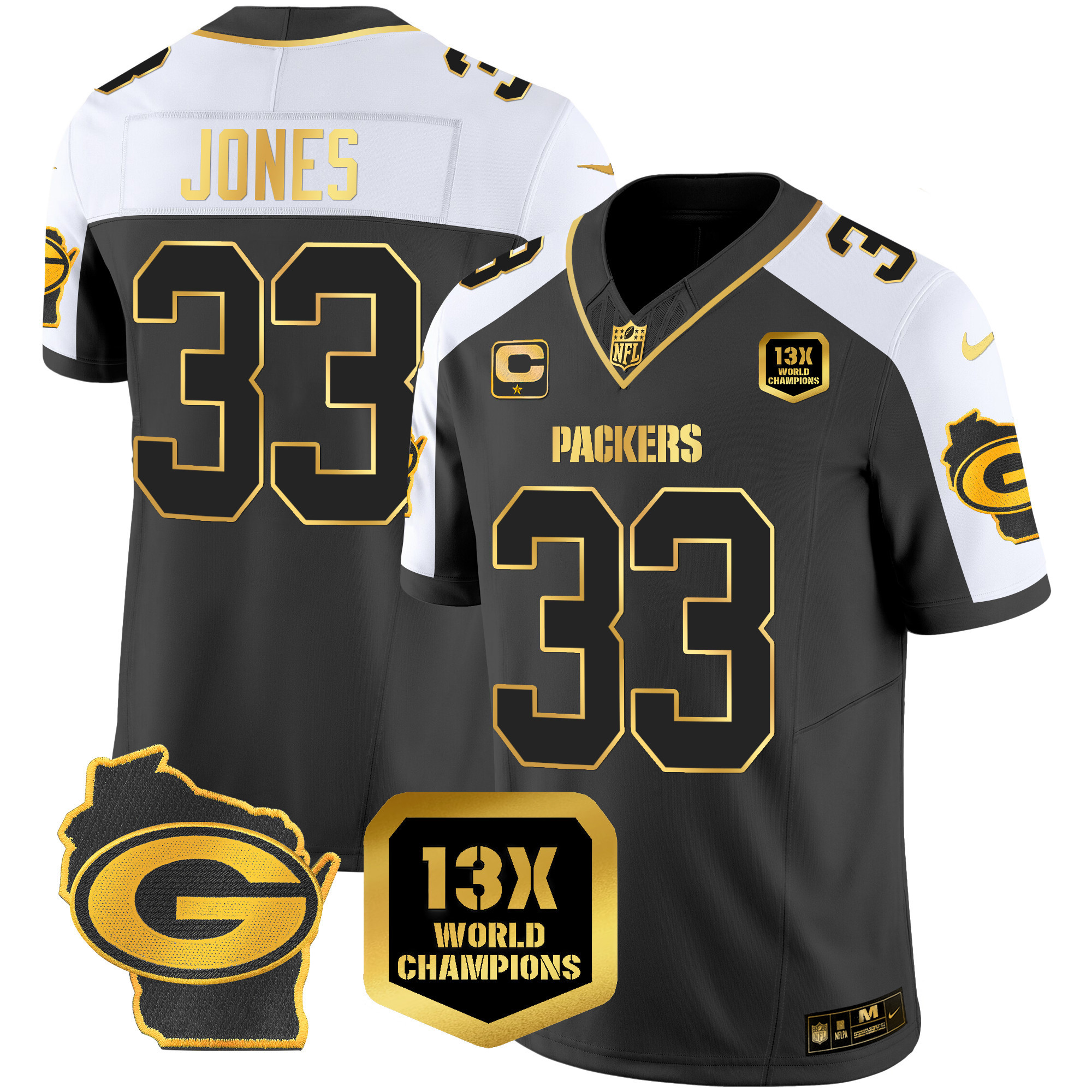 Aaron Jones Men's Green Bay Packers 13 Time World Champions & Home Patch Gold Vapor Alternate Jersey - All Stitched 