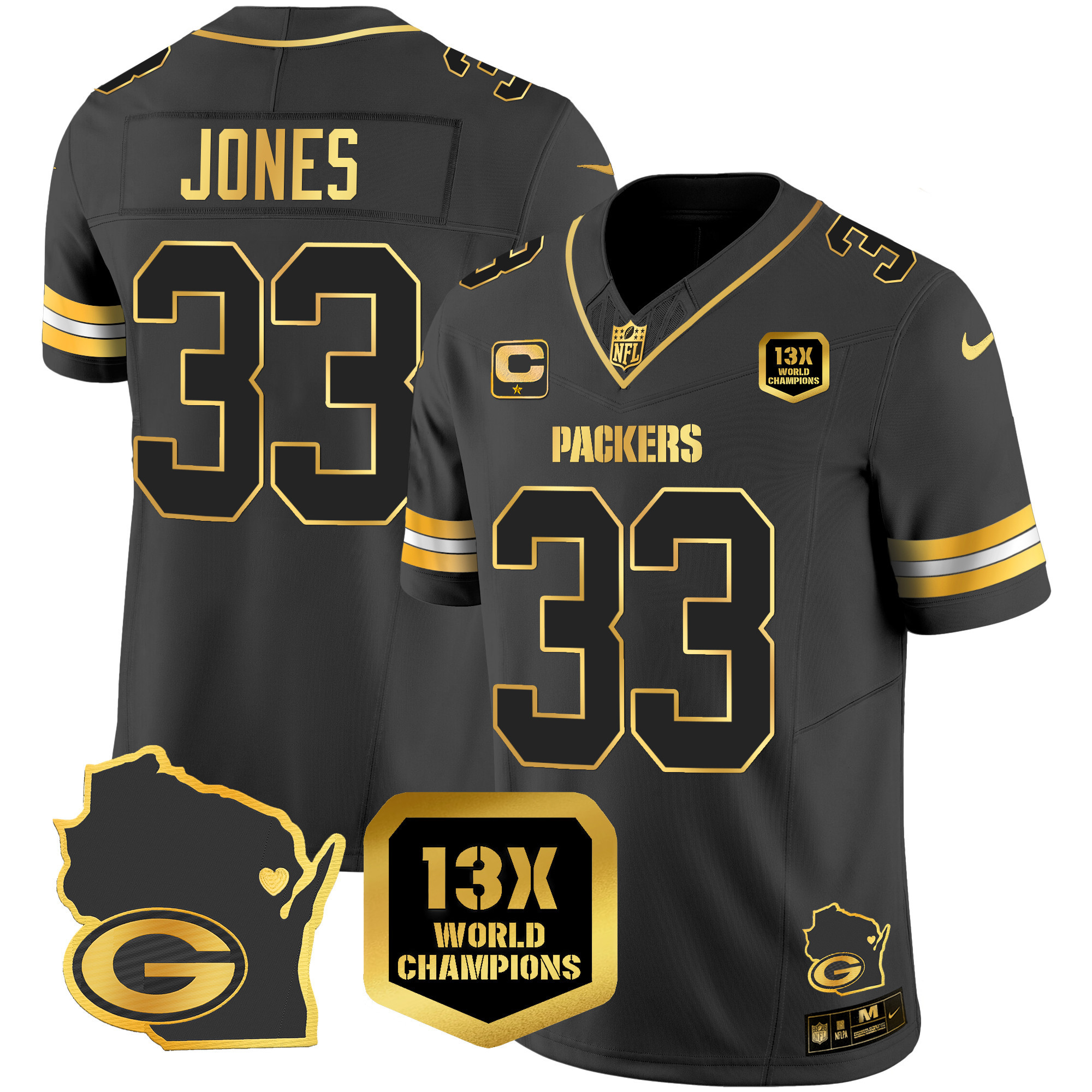 Aaron Jones Men's Green Bay Packers 13 Time World Champions & Home Patch Gold Vapor Black Gold Jersey - All Stitched 