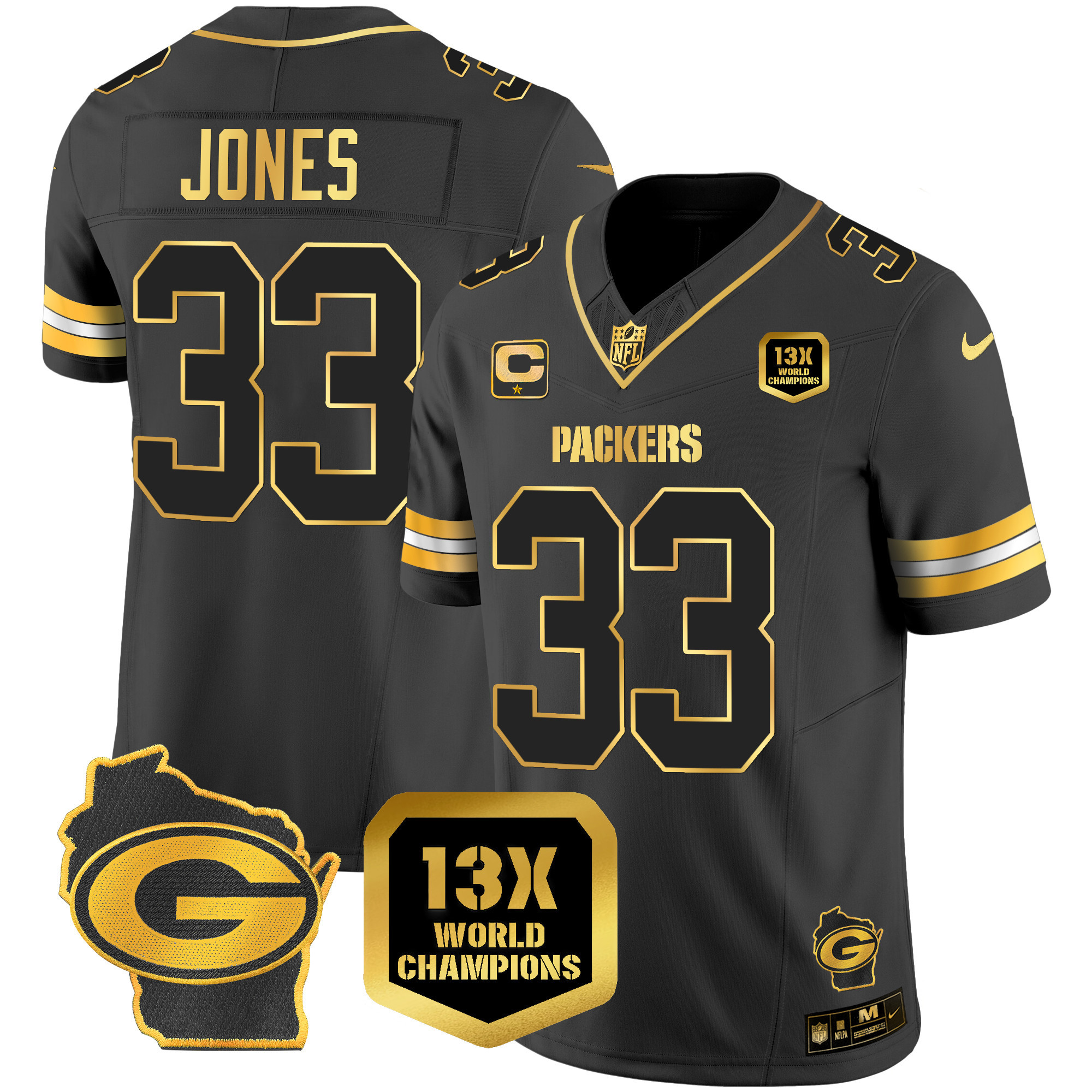 Aaron Jones Men's Green Bay Packers 13 Time World Champions & Home Patch Gold Vapor Black Gold Jersey - All Stitched 