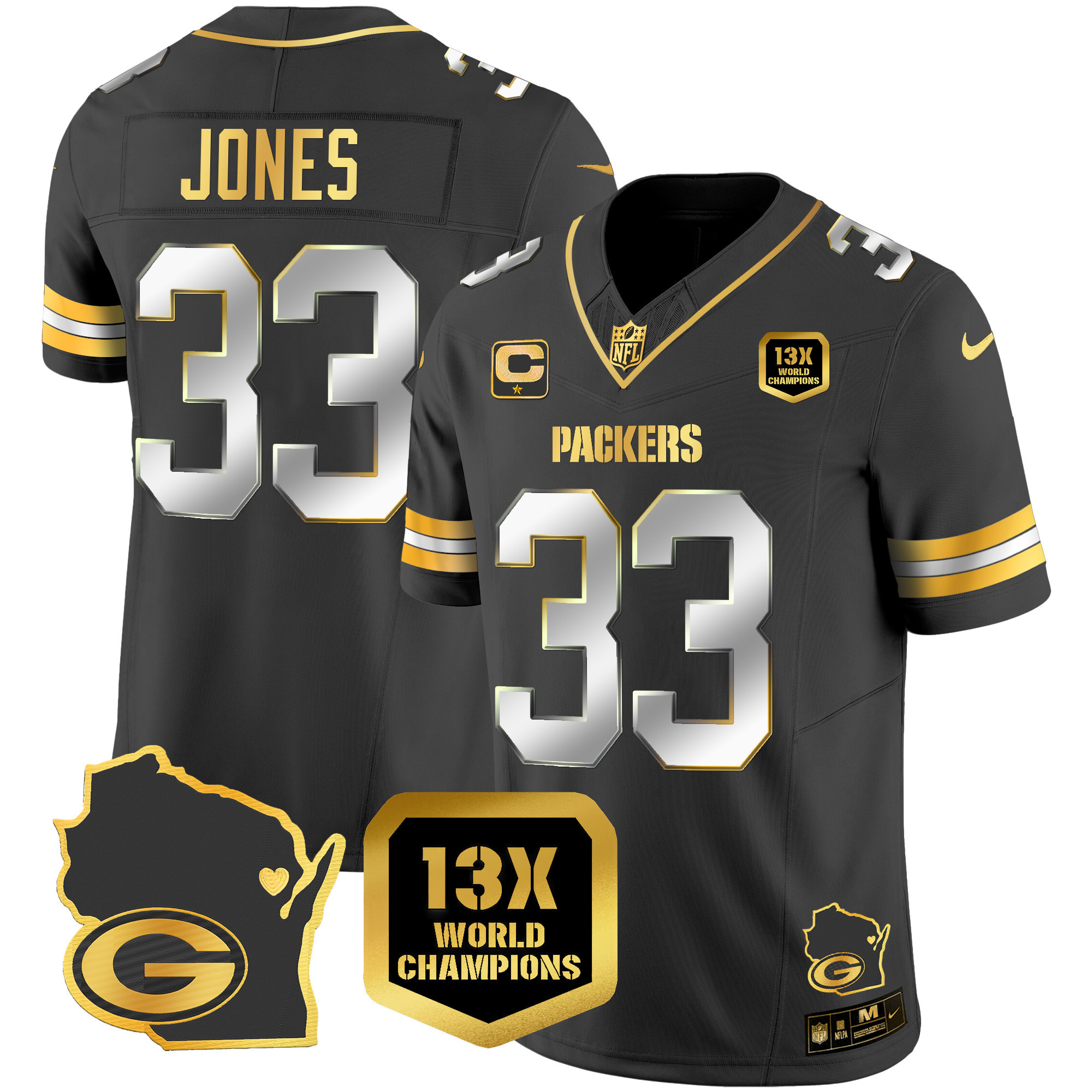 Aaron Jones Men's Green Bay Packers 13 Time World Champions & Home Patch Gold Vapor Black Limited Jersey - All Stitched 