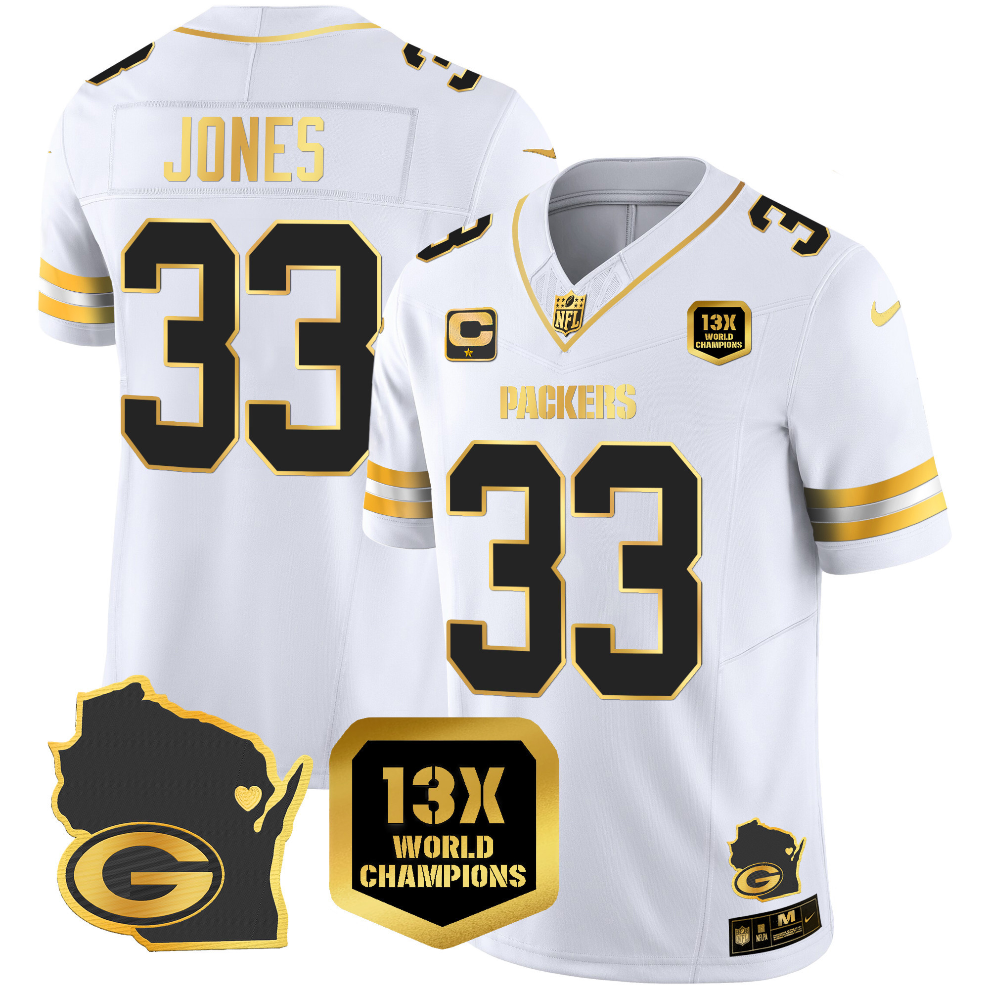 Aaron Jones Men's Green Bay Packers 13 Time World Champions & Home Patch Gold Vapor White Gold Jersey - All Stitched 