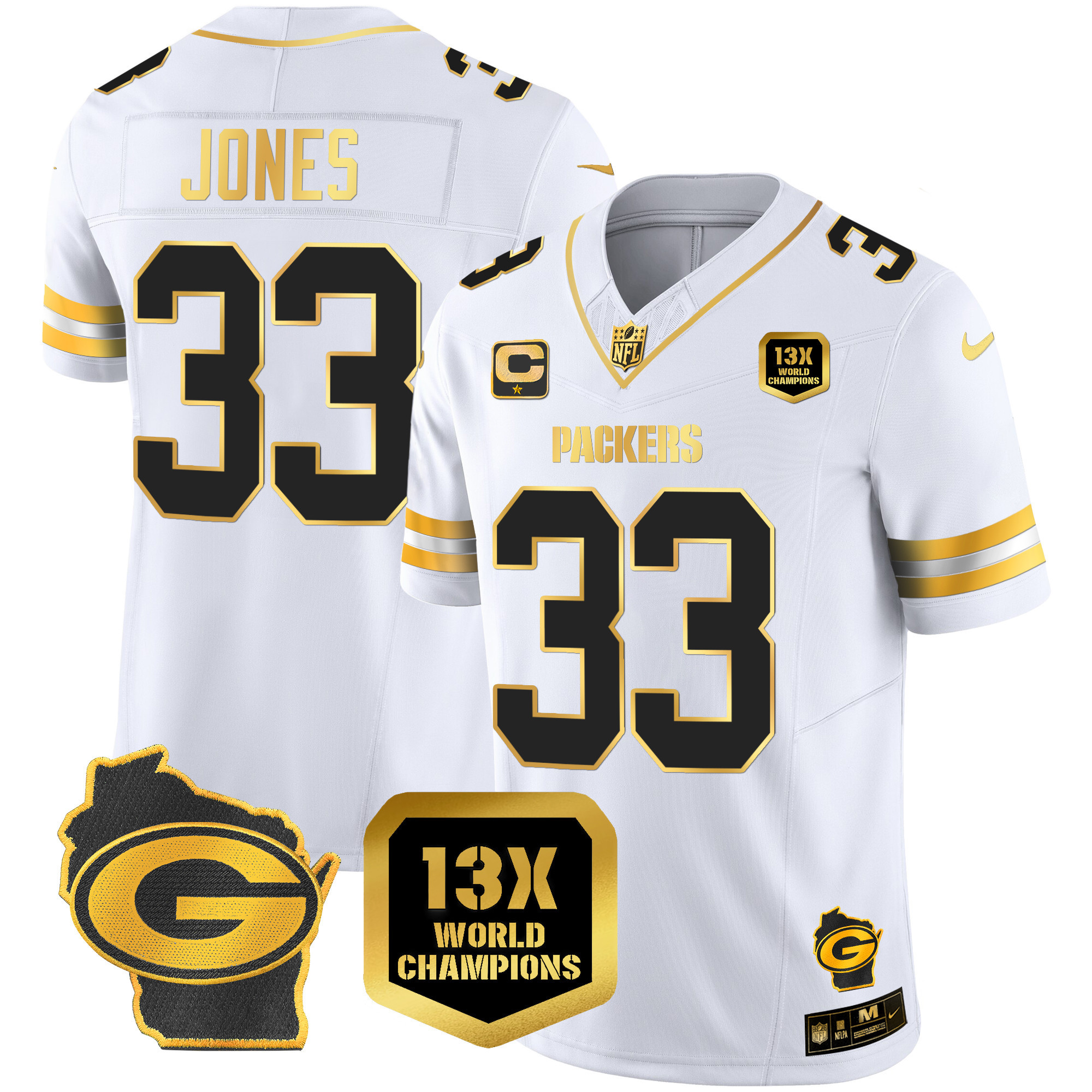 Aaron Jones Men's Green Bay Packers 13 Time World Champions & Home Patch Gold Vapor White Gold Jersey - All Stitched 