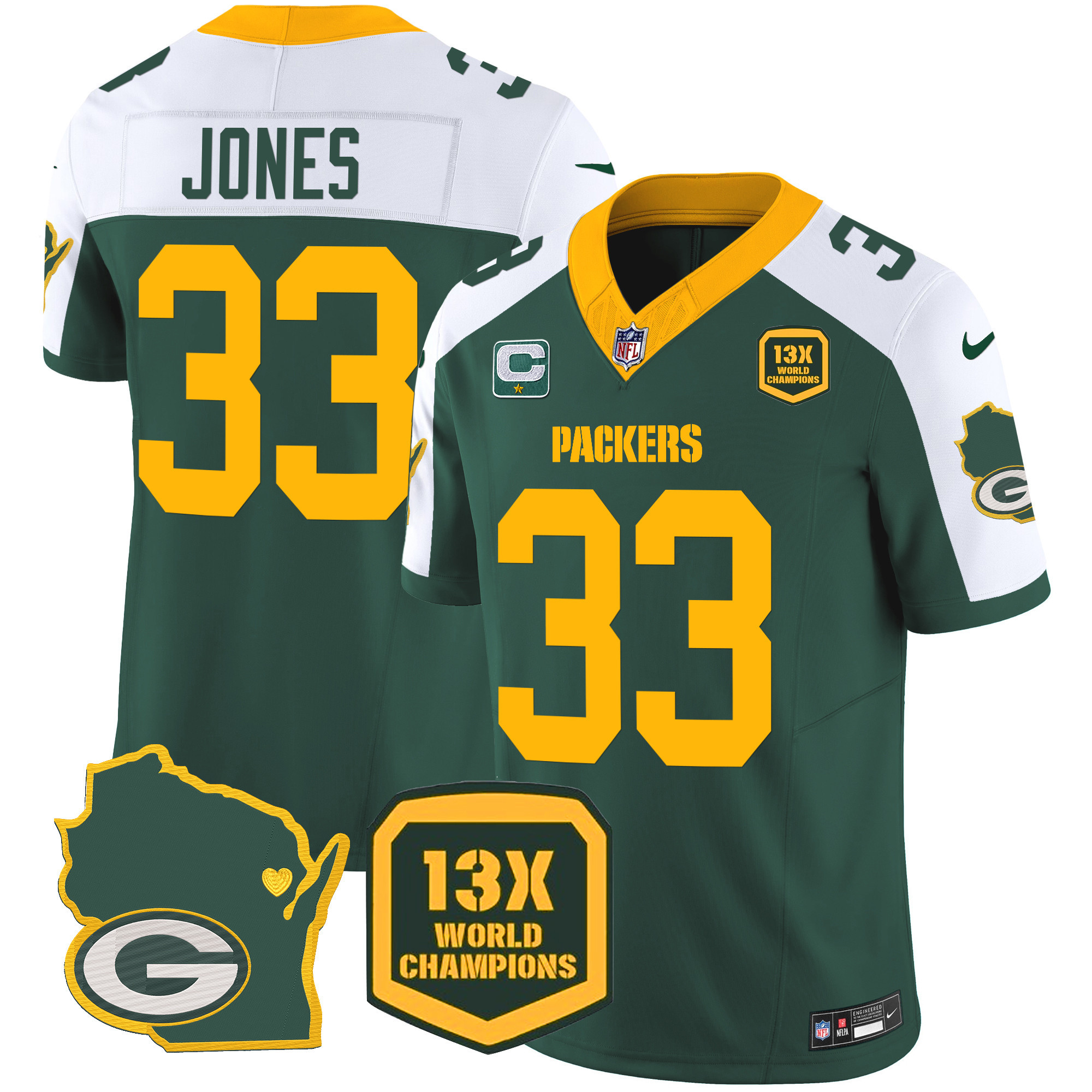 Aaron Jones Men's Green Bay Packers 13 Time World Champions & Home Patch Vapor Alternate Jersey - All Stitched 