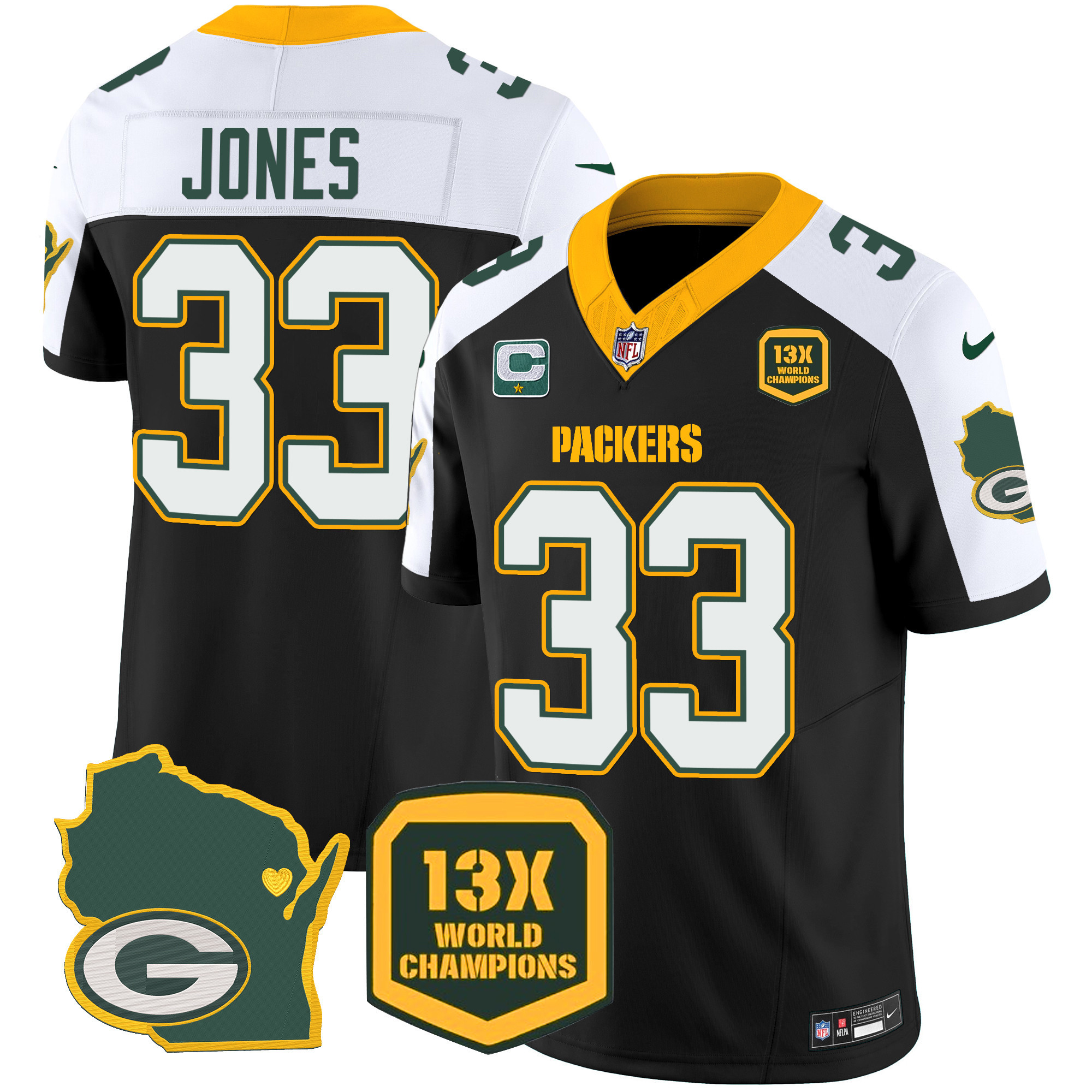Aaron Jones Men's Green Bay Packers 13 Time World Champions & Home Patch Vapor Black Alternate Jersey - All Stitched 