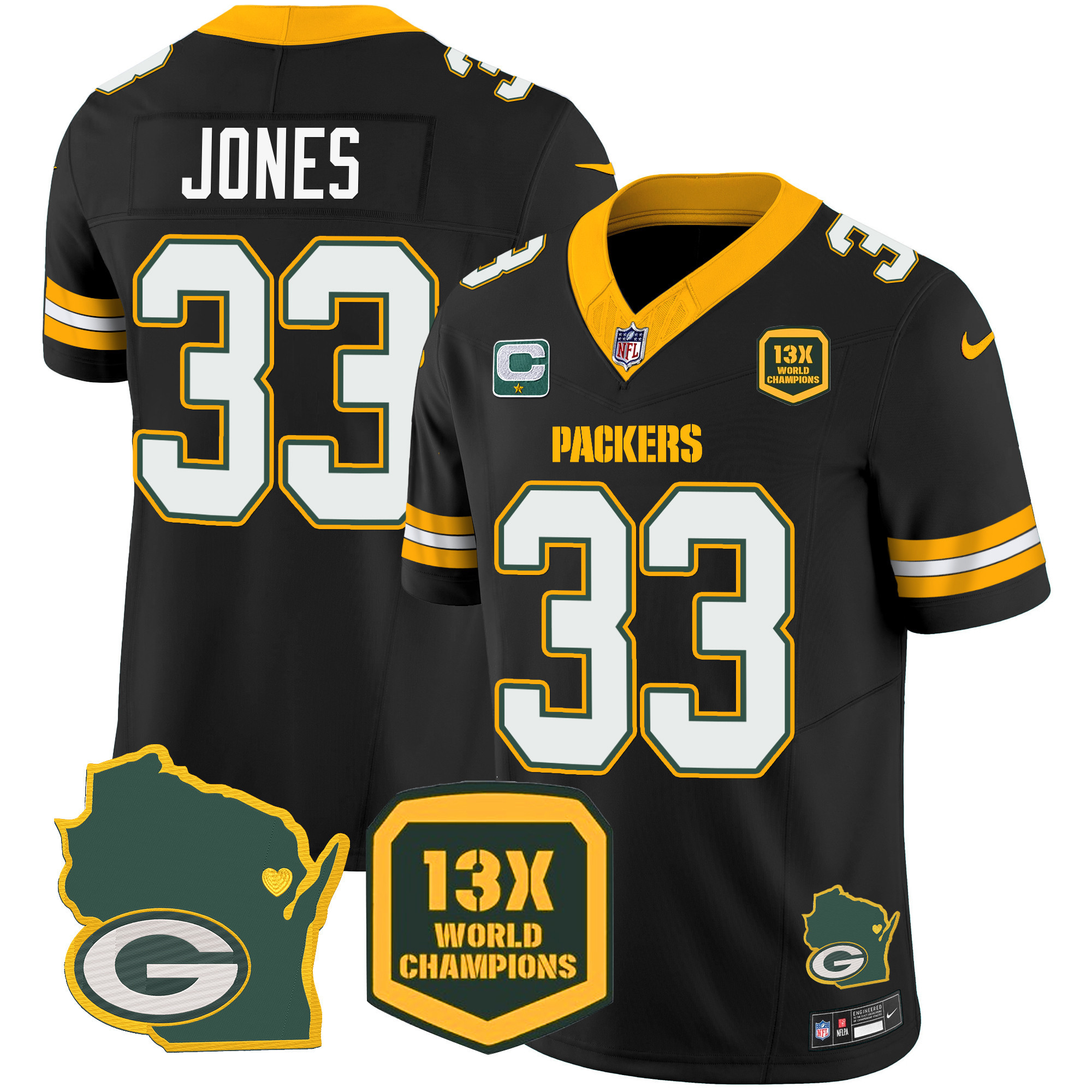 Aaron Jones Men's Green Bay Packers 13 Time World Champions & Home Patch Vapor Black Jersey - All Stitched 