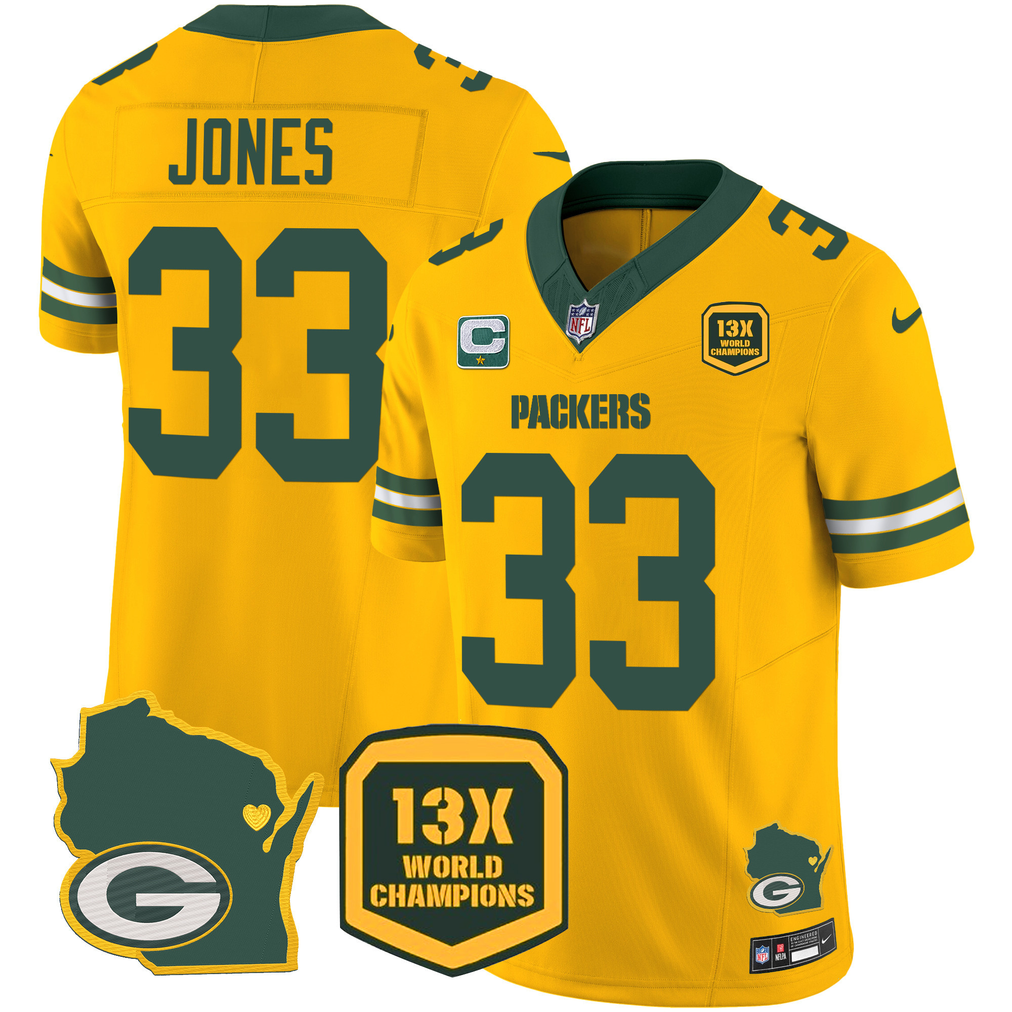 Aaron Jones Men's Green Bay Packers 13 Time World Champions & Home Patch Vapor Gold Jersey - All Stitched 