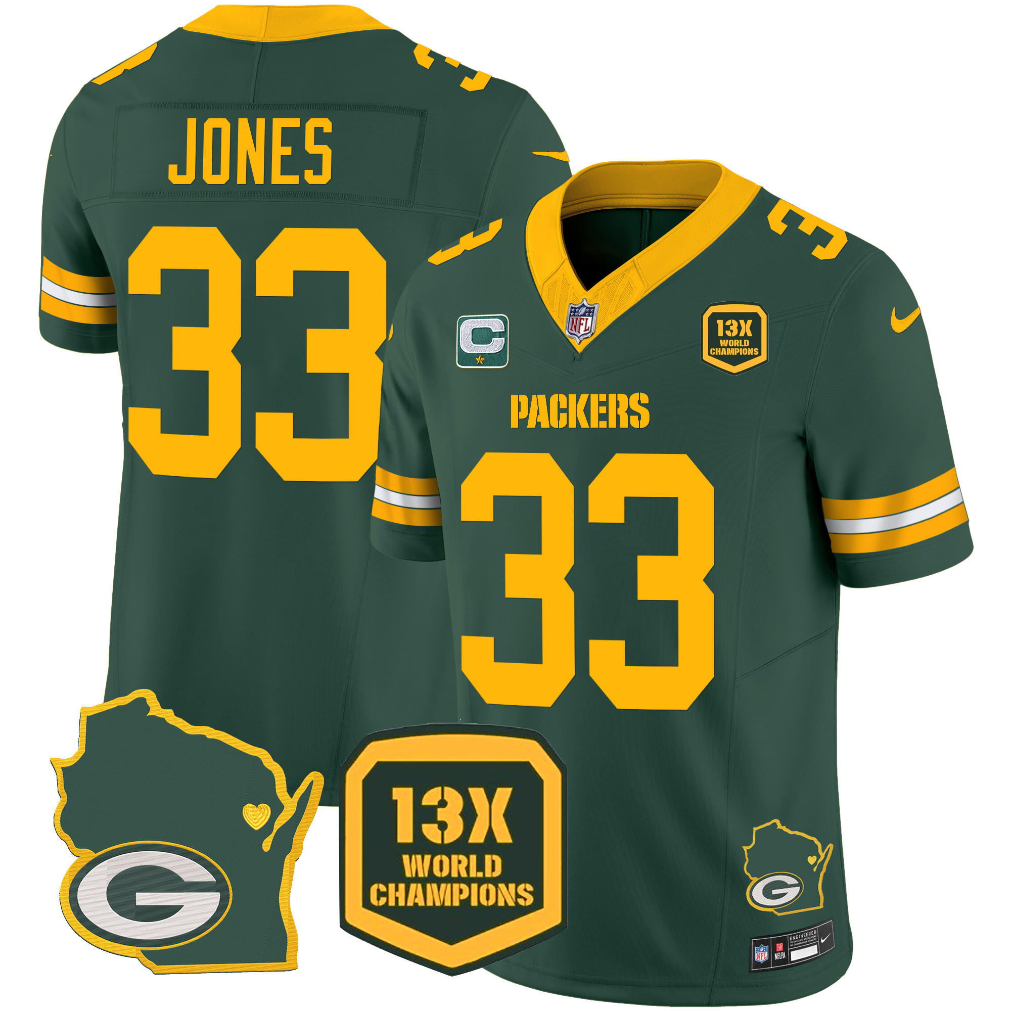 Aaron Jones Men's Green Bay Packers 13 Time World Champions & Home Patch Vapor Green Jersey - All Stitched 