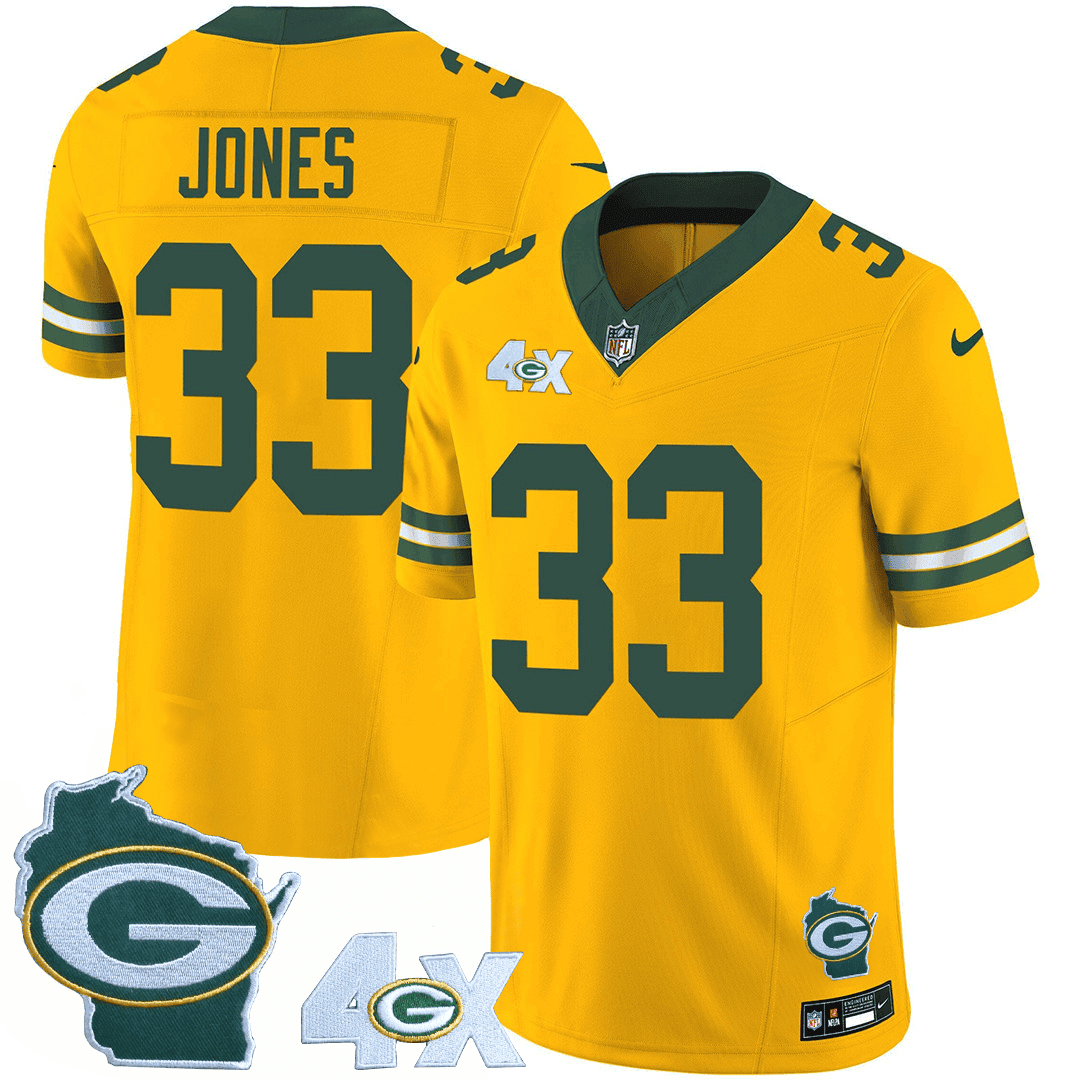 Aaron Jones Men's Green Bay Packers 4x Champs & Home Patch Vapor Gold Jersey - All Stitched 