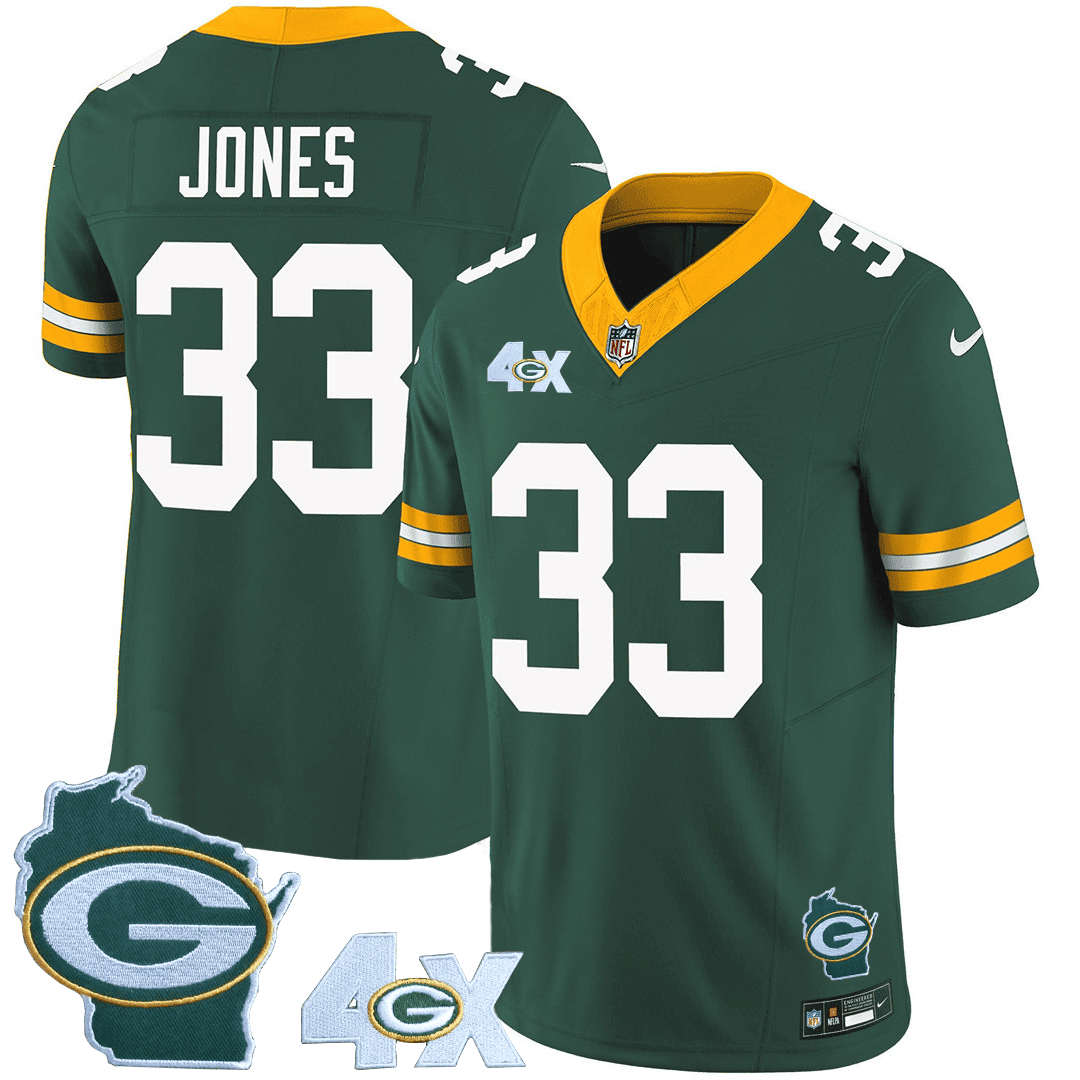 Aaron Jones Men's Green Bay Packers 4x Champs & Home Patch Vapor Green Jersey - All Stitched 