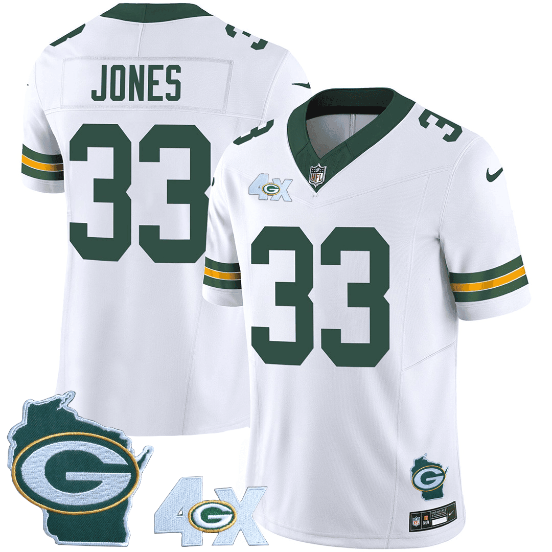 Aaron Jones Men's Green Bay Packers 4x Champs & Home Patch Vapor White Jersey - All Stitched 