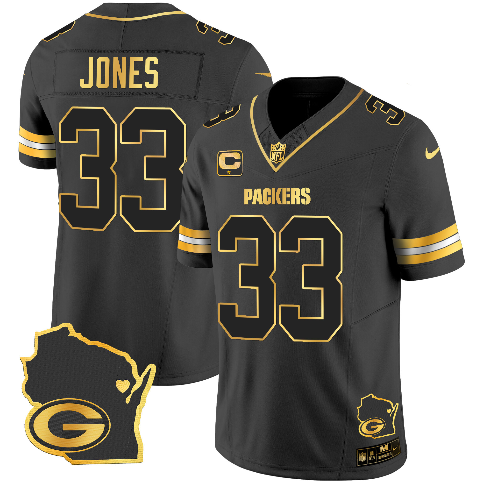 Aaron Jones Men's Green Bay Packers Home Patch Gold Vapor Black Gold Jersey - All Stitched 