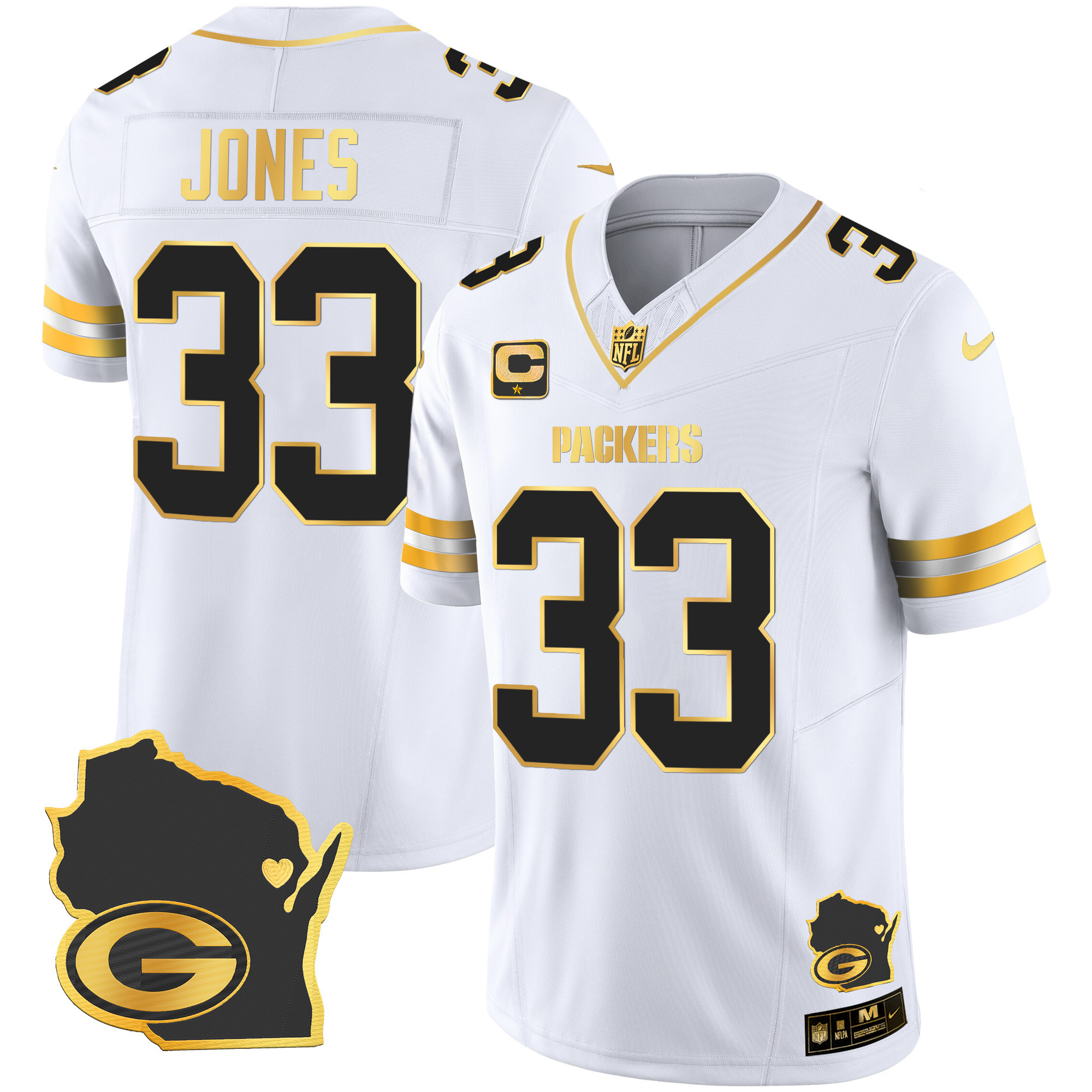 Aaron Jones Men's Green Bay Packers Home Patch Gold Vapor White Gold Jersey - All Stitched 