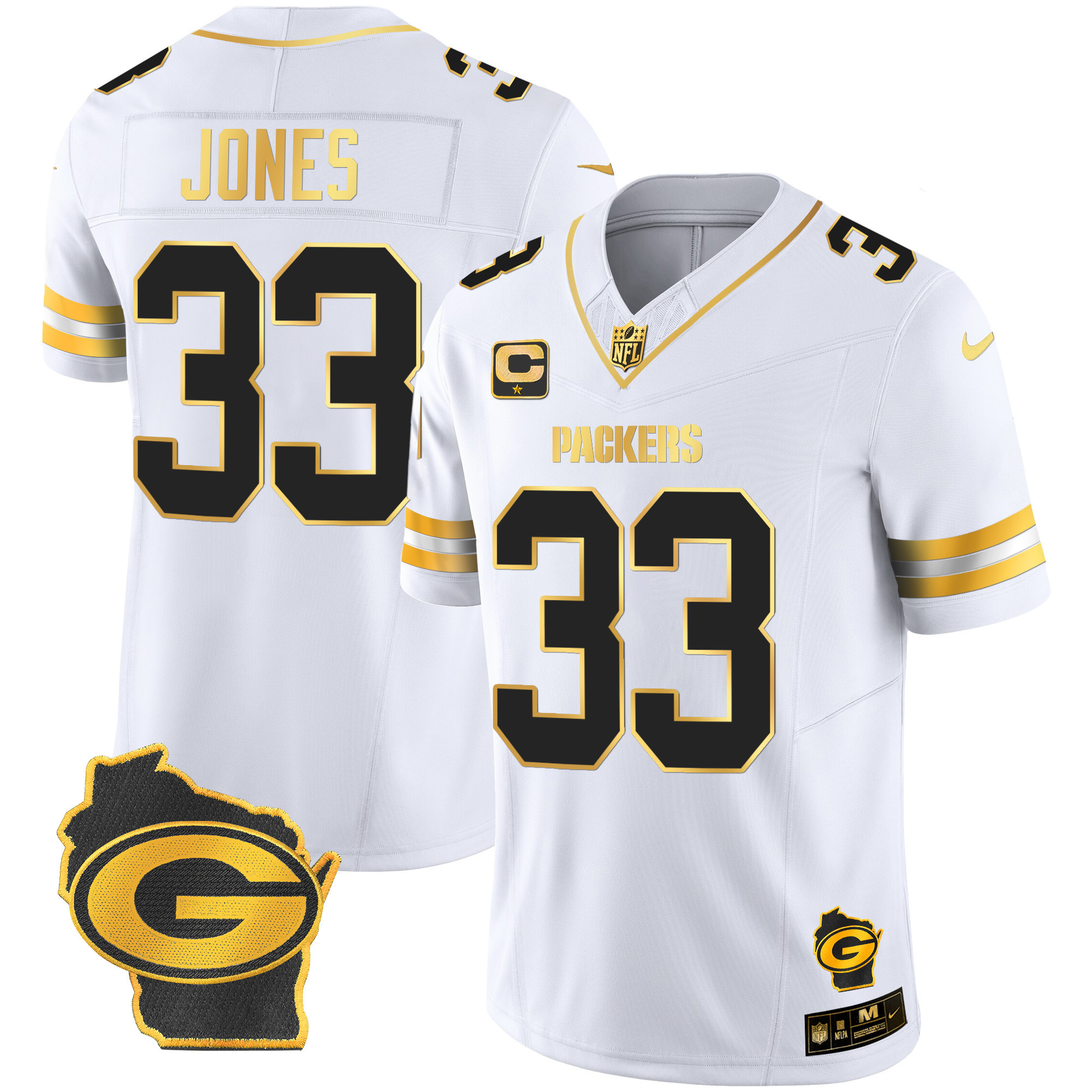Aaron Jones Men's Green Bay Packers Home Patch Gold Vapor White Gold Jersey - All Stitched 
