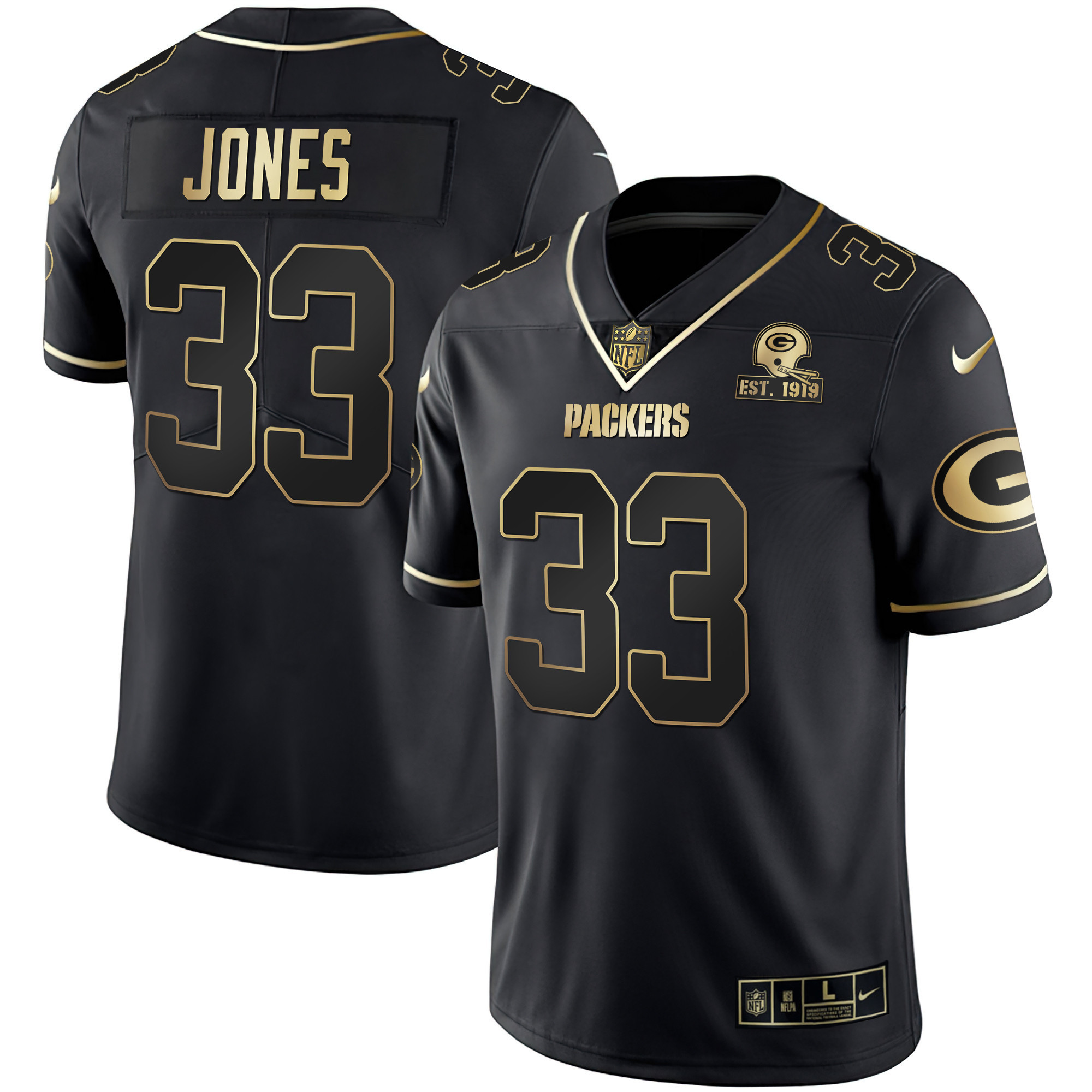 Aaron Jones Men's Green Bay Packers White Gold & Black Gold Est 1919 Patch Black Gold Jersey - All Stitched 