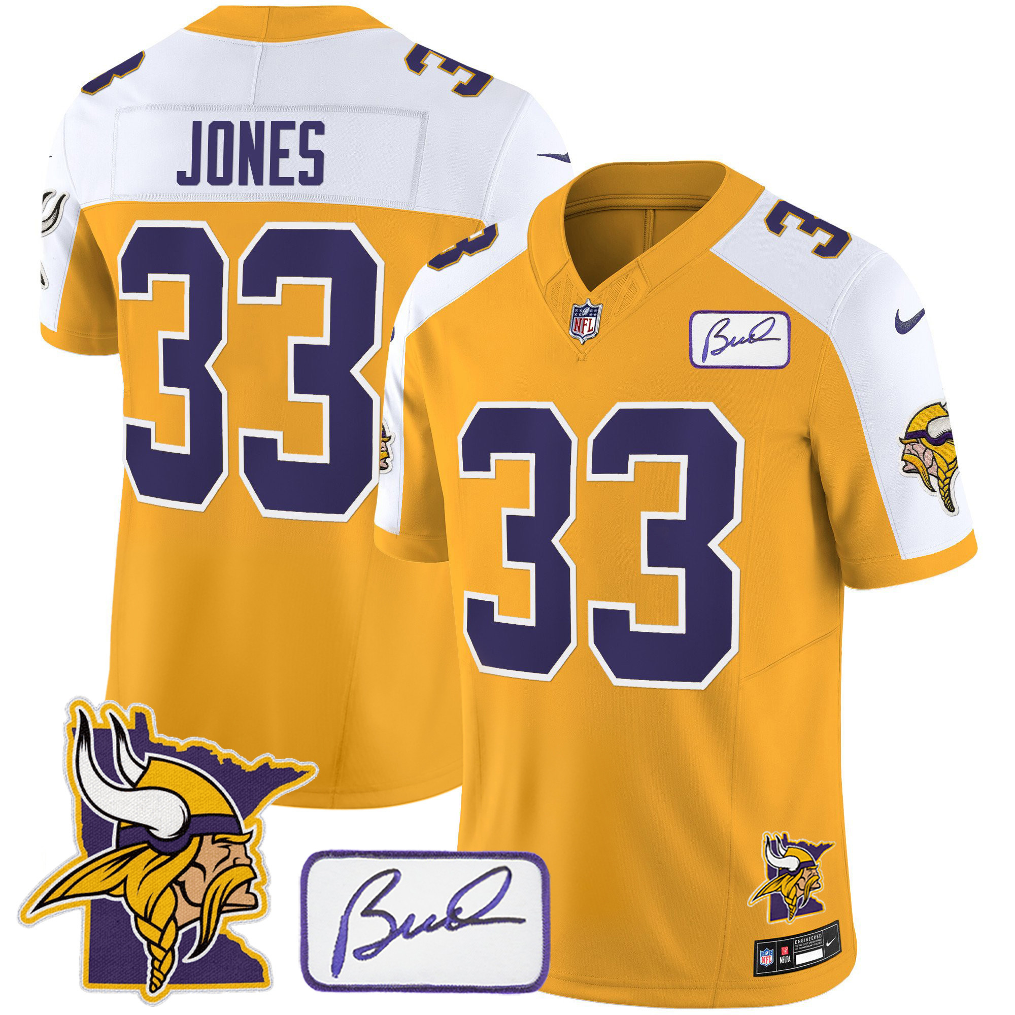 Aaron Jones Men's Minnesota Vikings Bud Grant & Minnesota Patch Classic Limited Gold Alternate Jersey - All Stitched