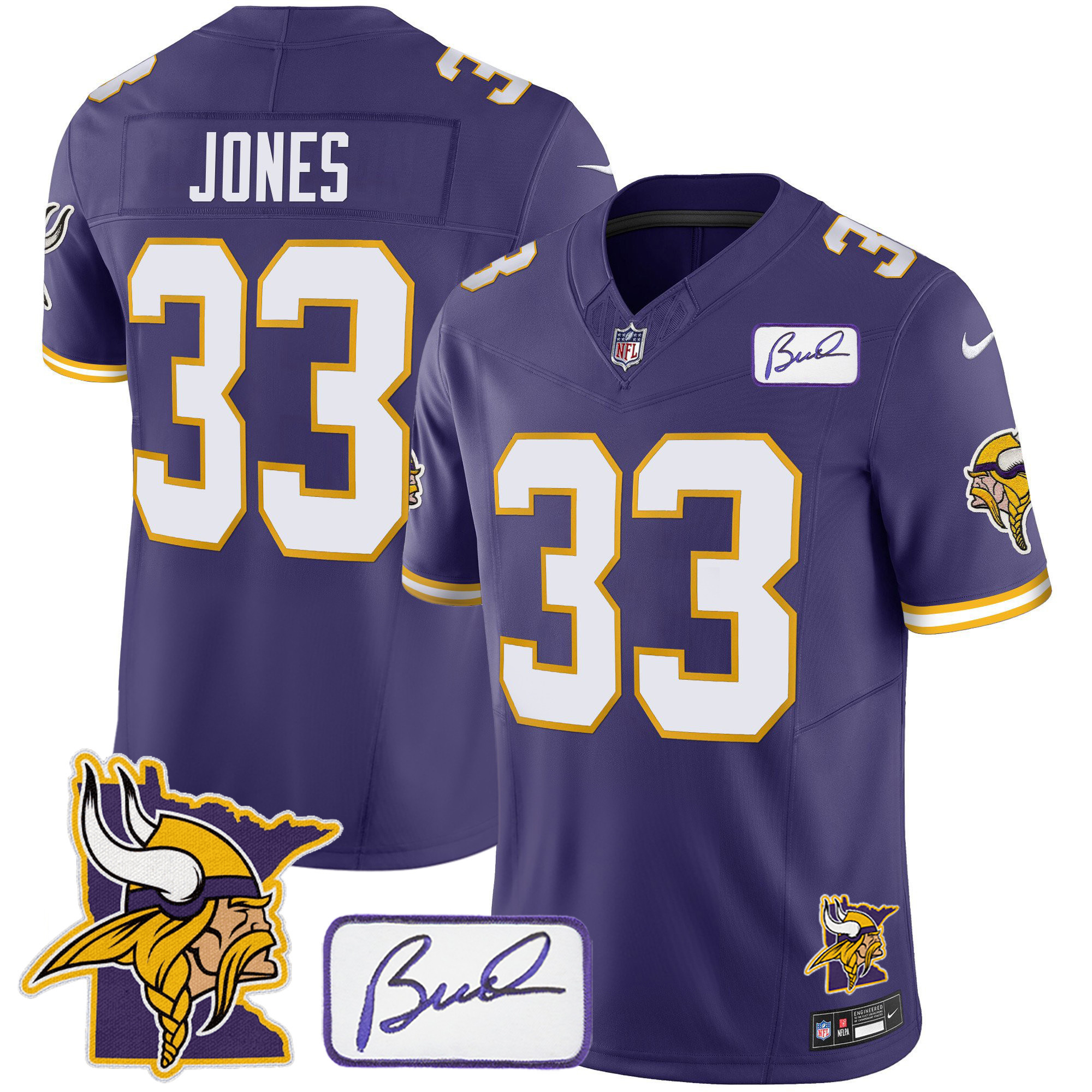 Aaron Jones Men's Minnesota Vikings Bud Grant & Minnesota Patch Classic Limited Purple Jersey - All Stitched