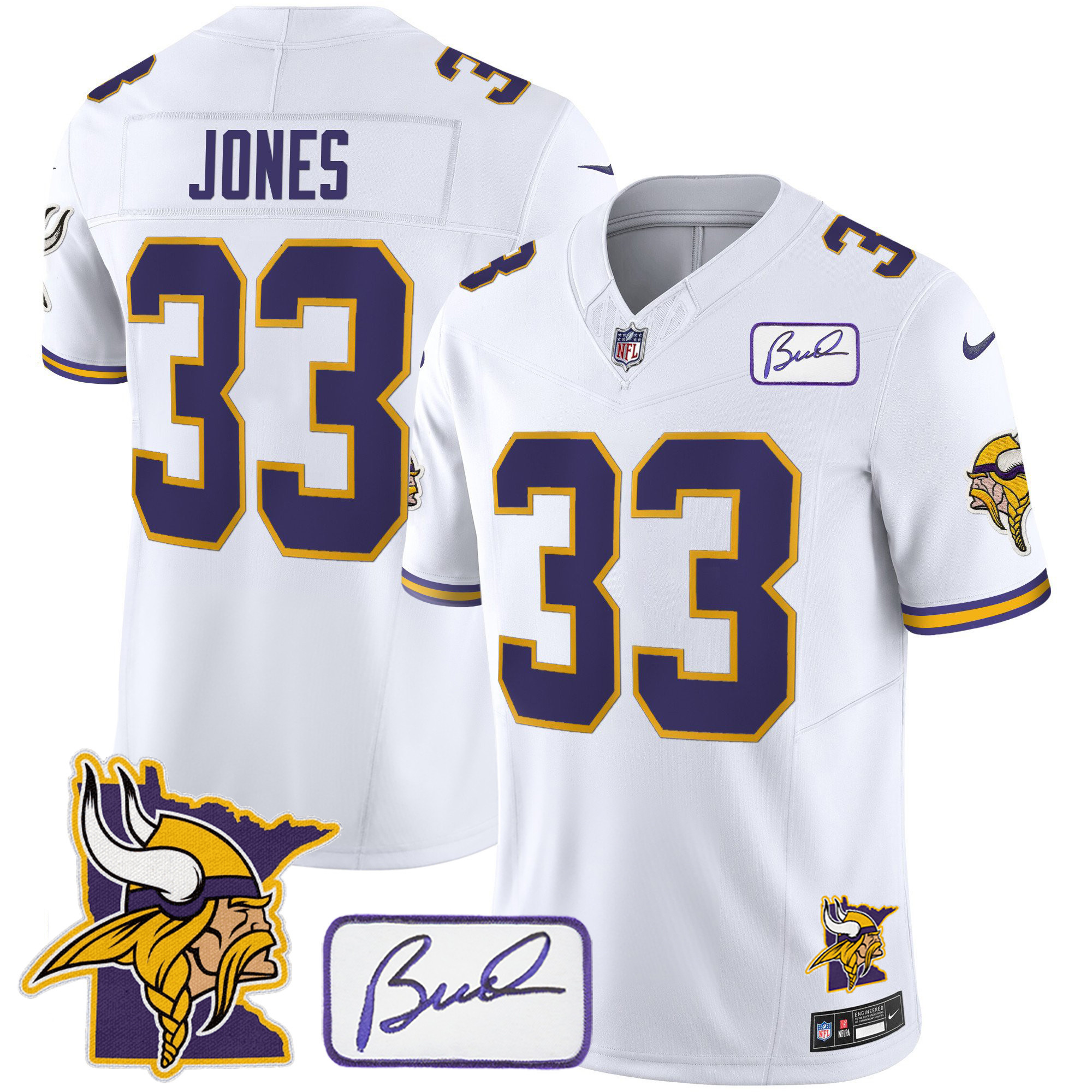 Aaron Jones Men's Minnesota Vikings Bud Grant & Minnesota Patch Classic Limited White Jersey - All Stitched
