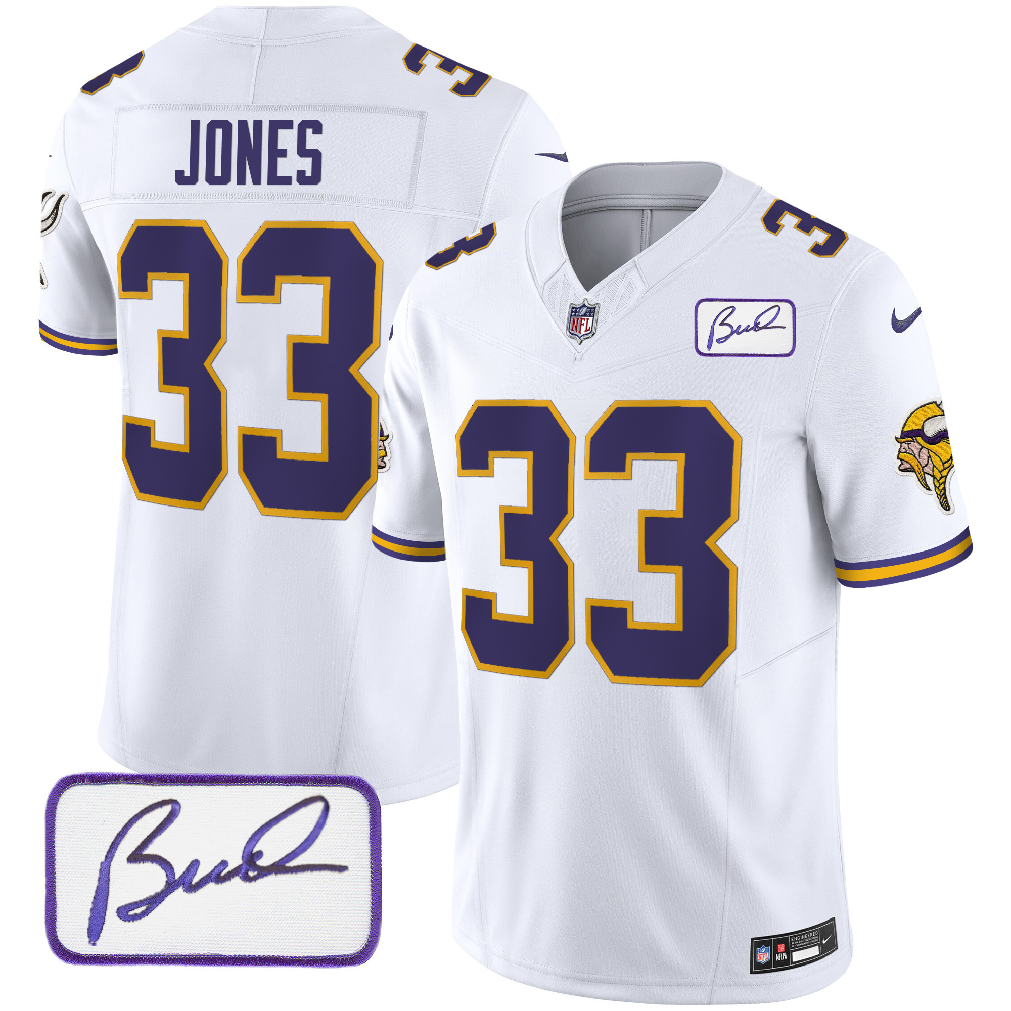 Aaron Jones Men's Minnesota Vikings Bud Grant Patch Classic Limited V3 White Jersey - All Stitched