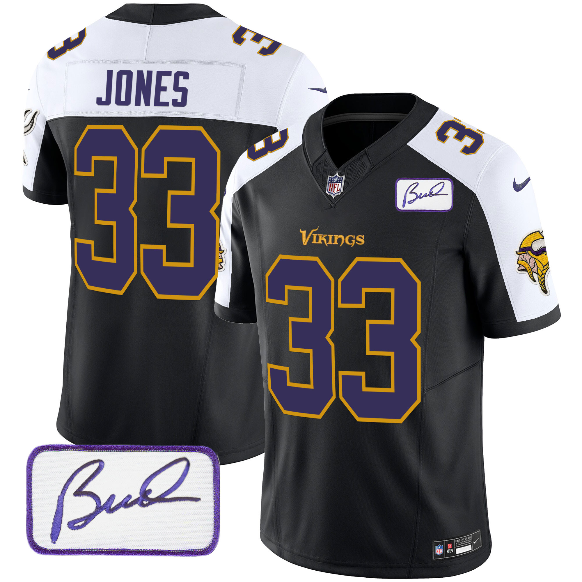 Aaron Jones Men's Minnesota Vikings Bud Grant Patch Classic Limited V6 Black Alternate Jersey - All Stitched