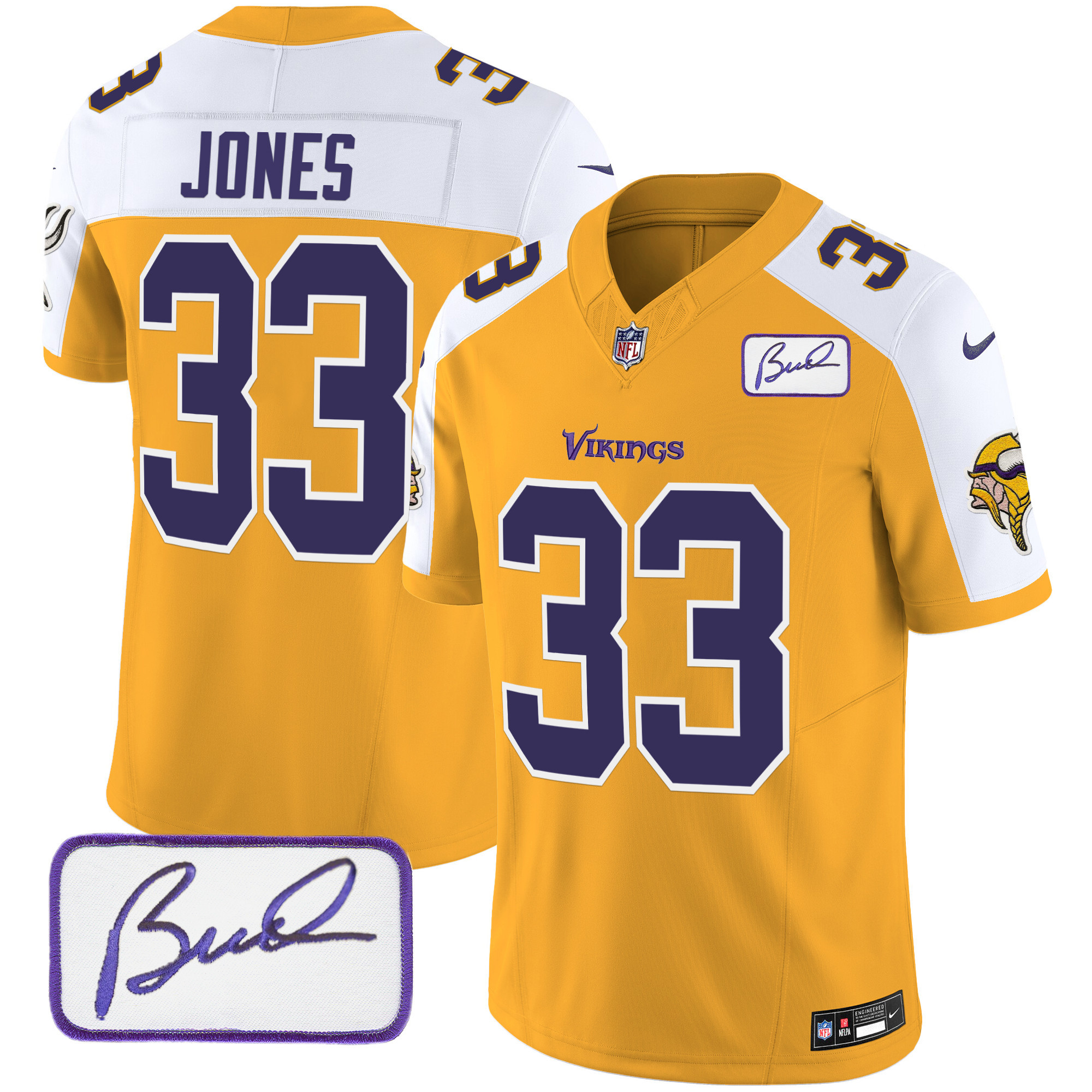 Aaron Jones Men's Minnesota Vikings Bud Grant Patch Classic Limited V6 Gold Alternate Jersey - All Stitched