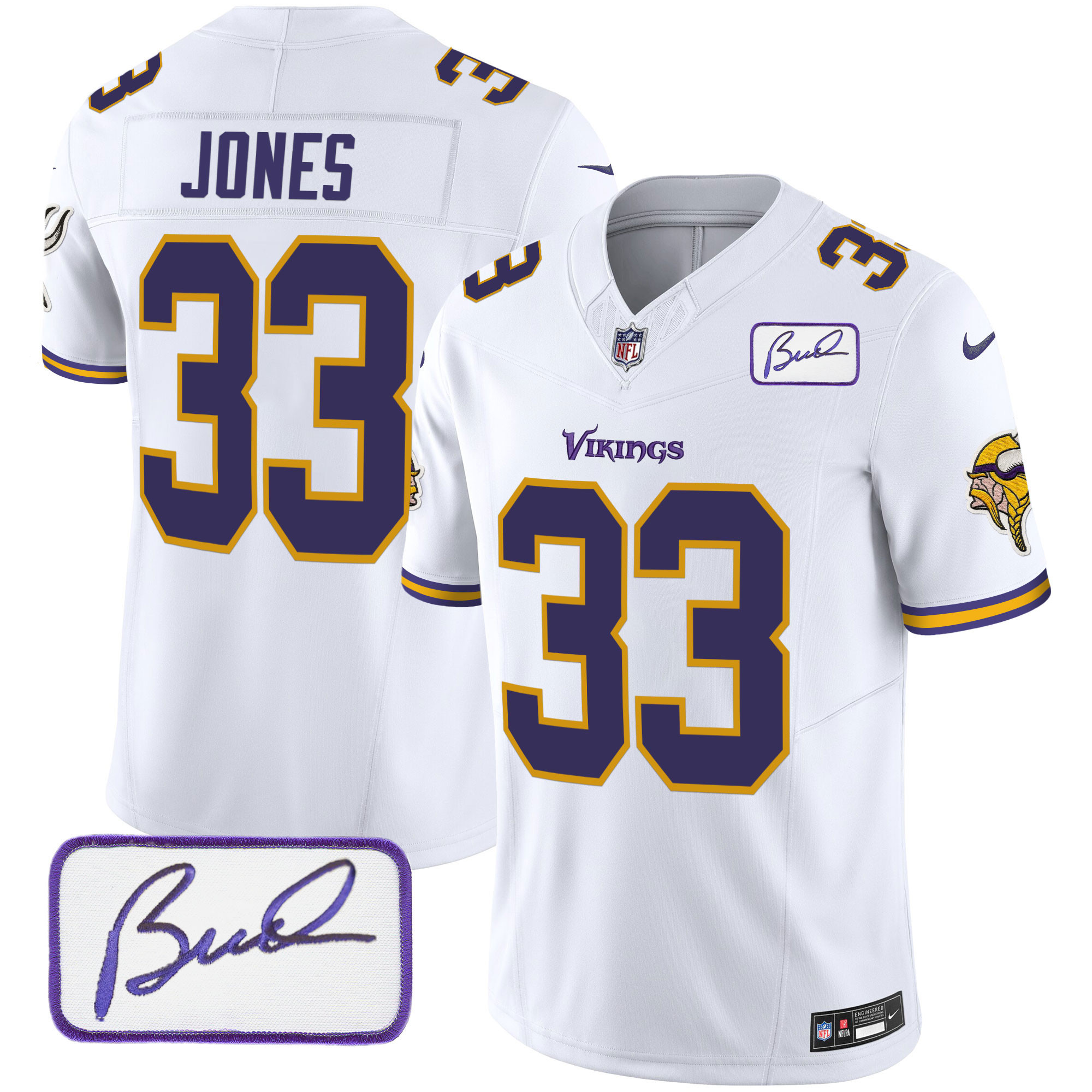 Aaron Jones Men's Minnesota Vikings Bud Grant Patch Classic Limited V6 White Jersey - All Stitched