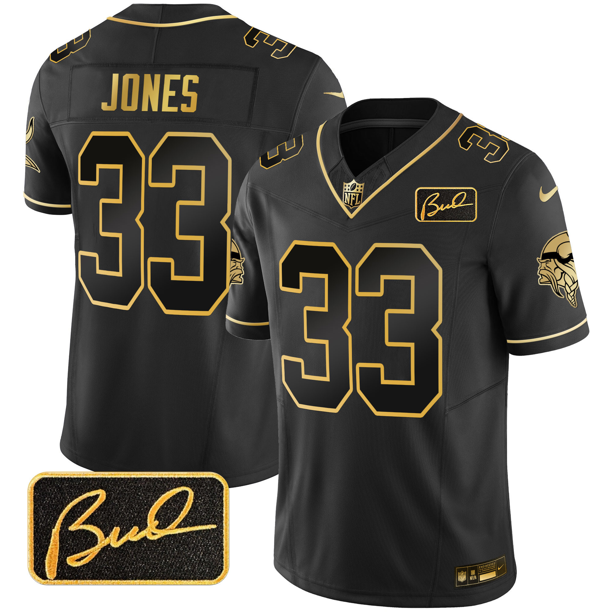 Aaron Jones Men's Minnesota Vikings Bud Grant Patch Gold Limited V2 Black Gold Jersey - All Stitched