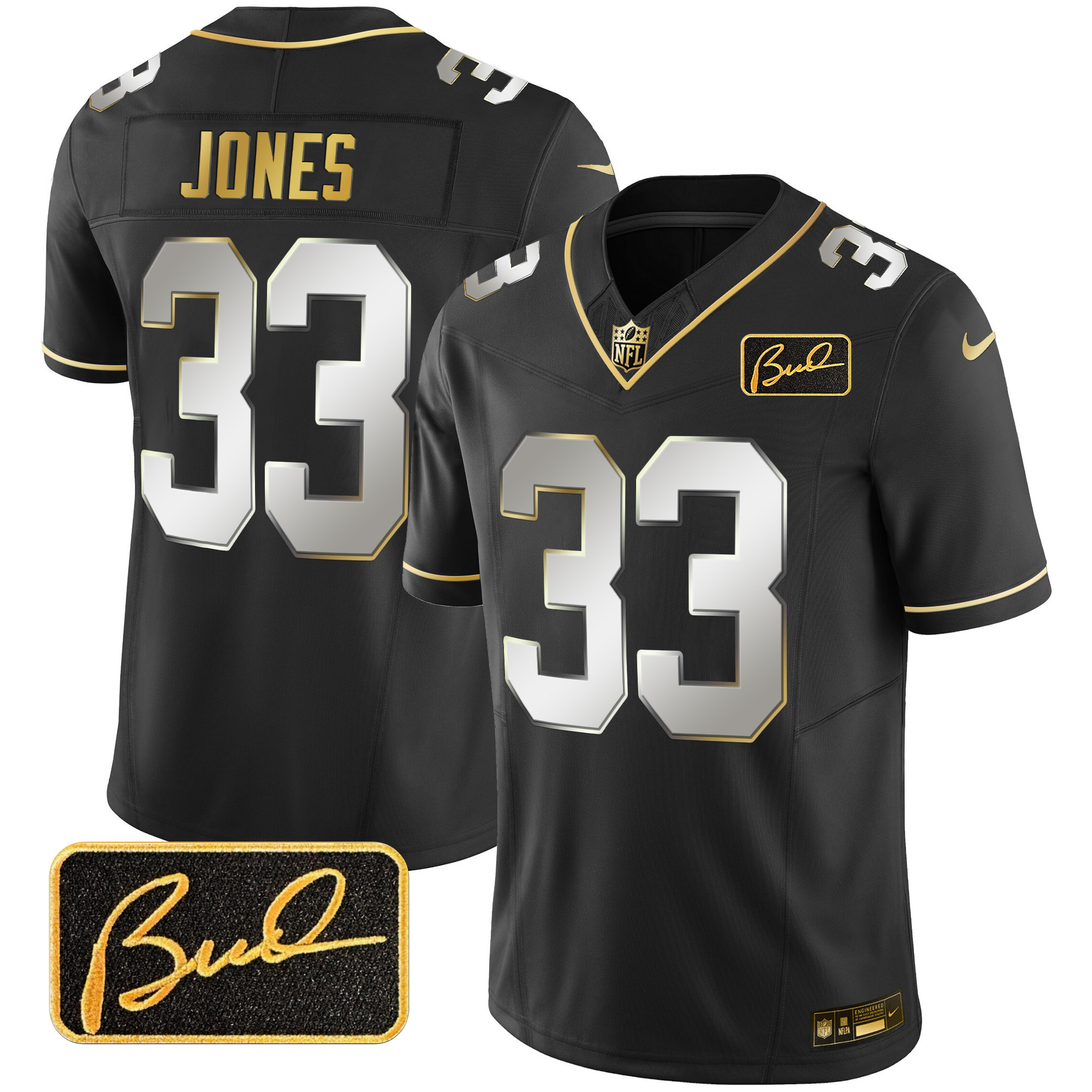 Aaron Jones Men's Minnesota Vikings Bud Grant Patch Gold Limited V2 Black Limited Jersey - All Stitched