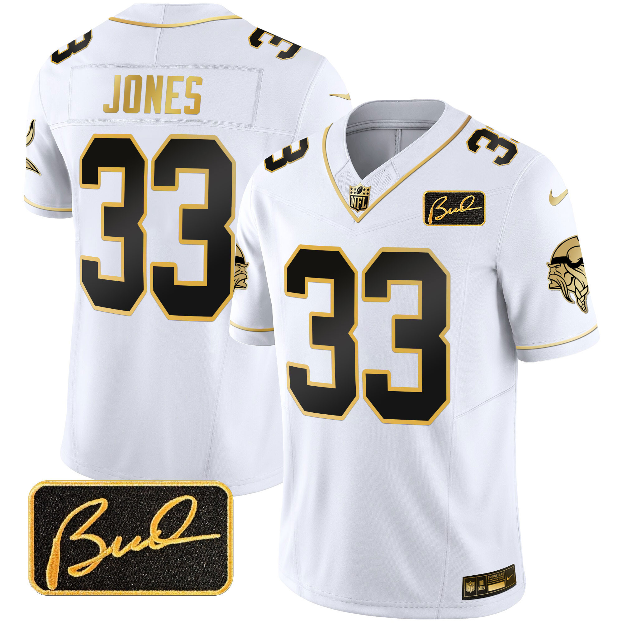 Aaron Jones Men's Minnesota Vikings Bud Grant Patch Gold Limited V2 White Gold Jersey - All Stitched