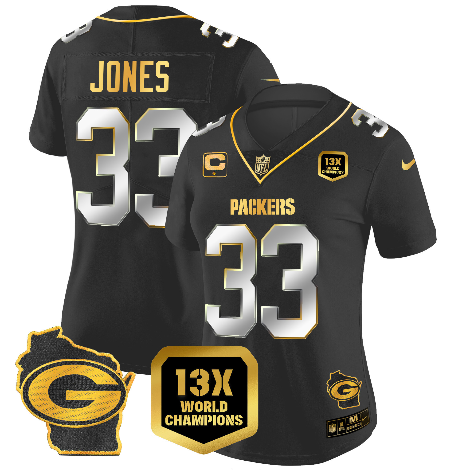 Aaron Jones Women's Green Bay Packers 13 Time World Champions & Home Patch Gold Vapor Black Limited Jersey - All Stitched 